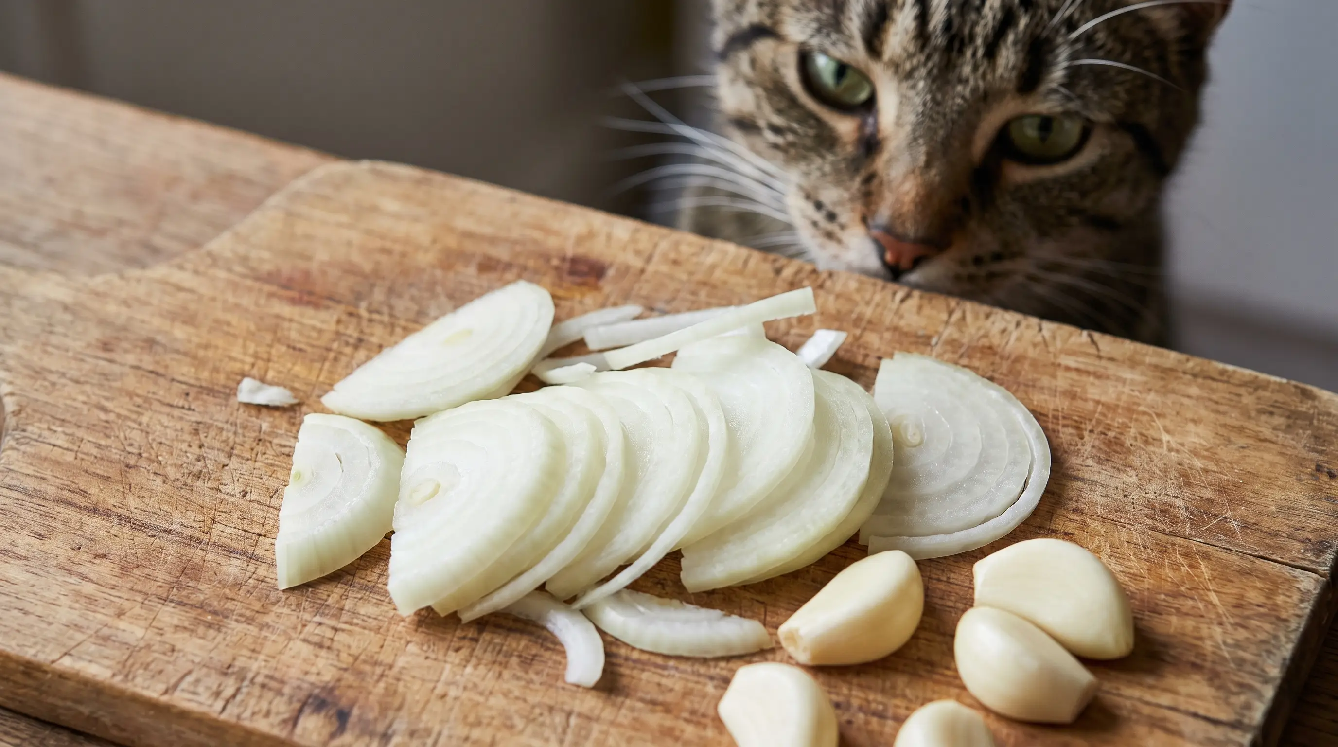 Sliced onions and garlic cloves on a kitchen board with a curious cat nearby