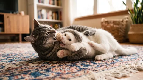 Two young cats wrestling playfully on a rug, one gently mouthing the other's neck, ears forward