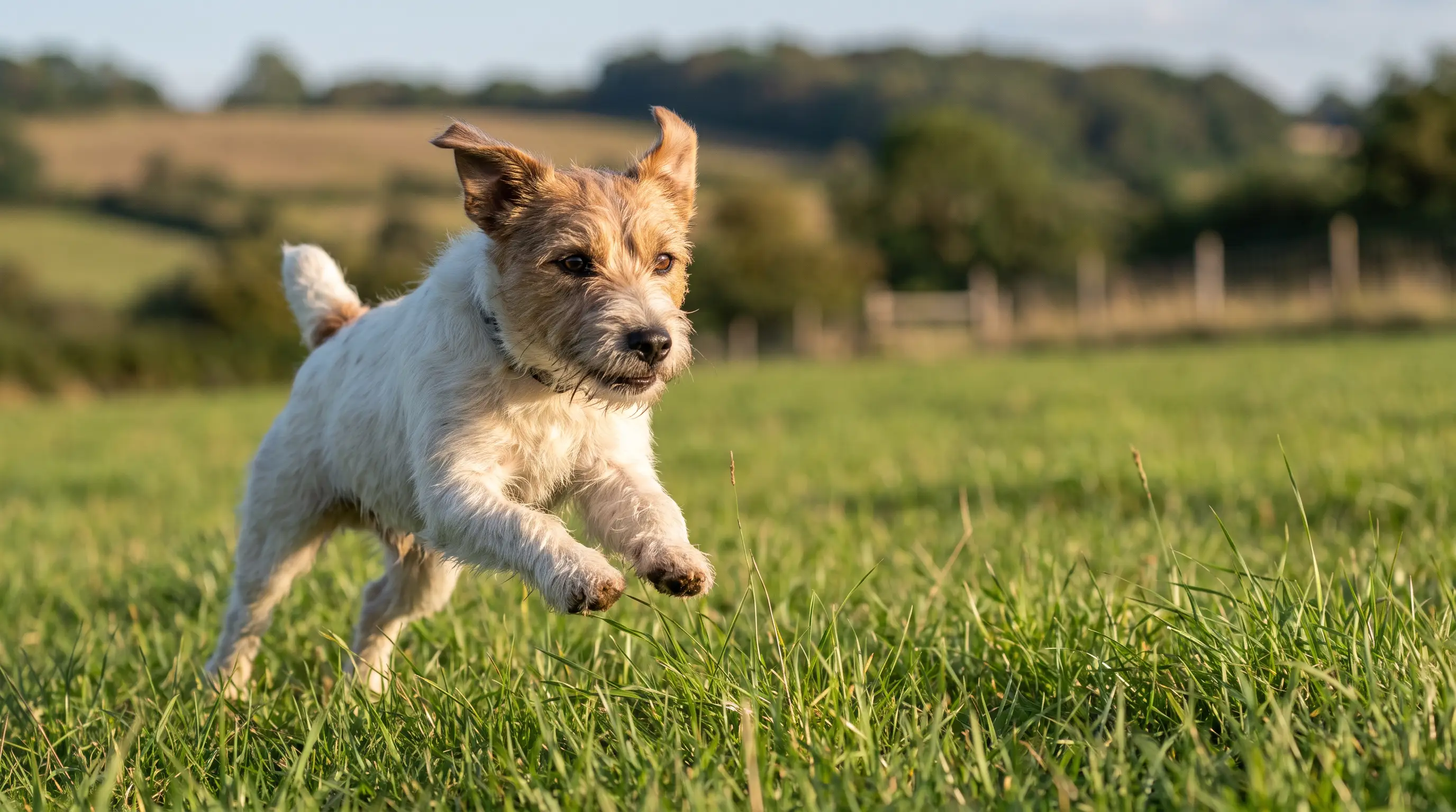 A small terrier-type dog running flat out across grass, ears back, clearly full of energy