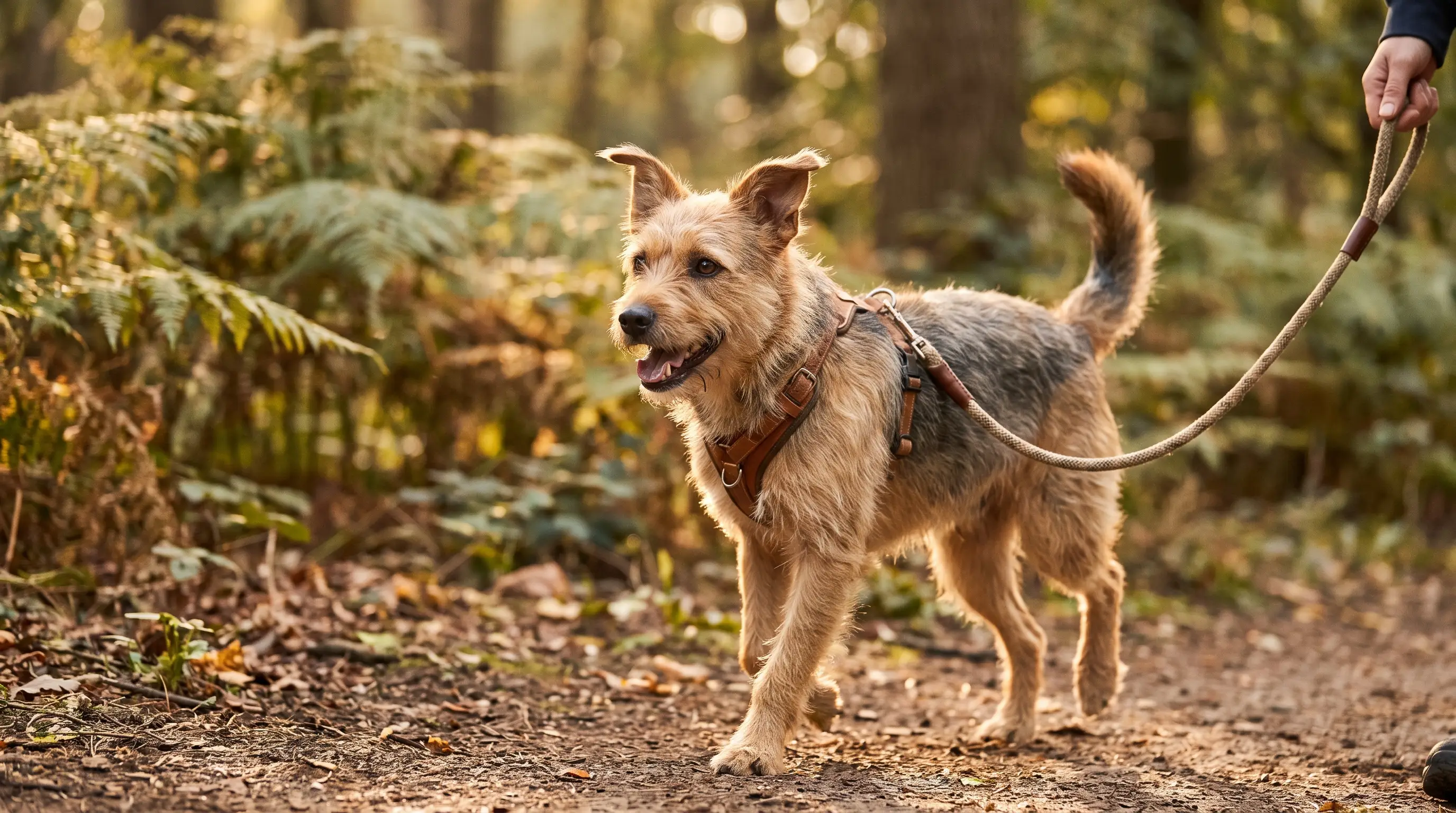 A medium-sized dog walking briskly on a lead along a path, alert and enjoying the walk
