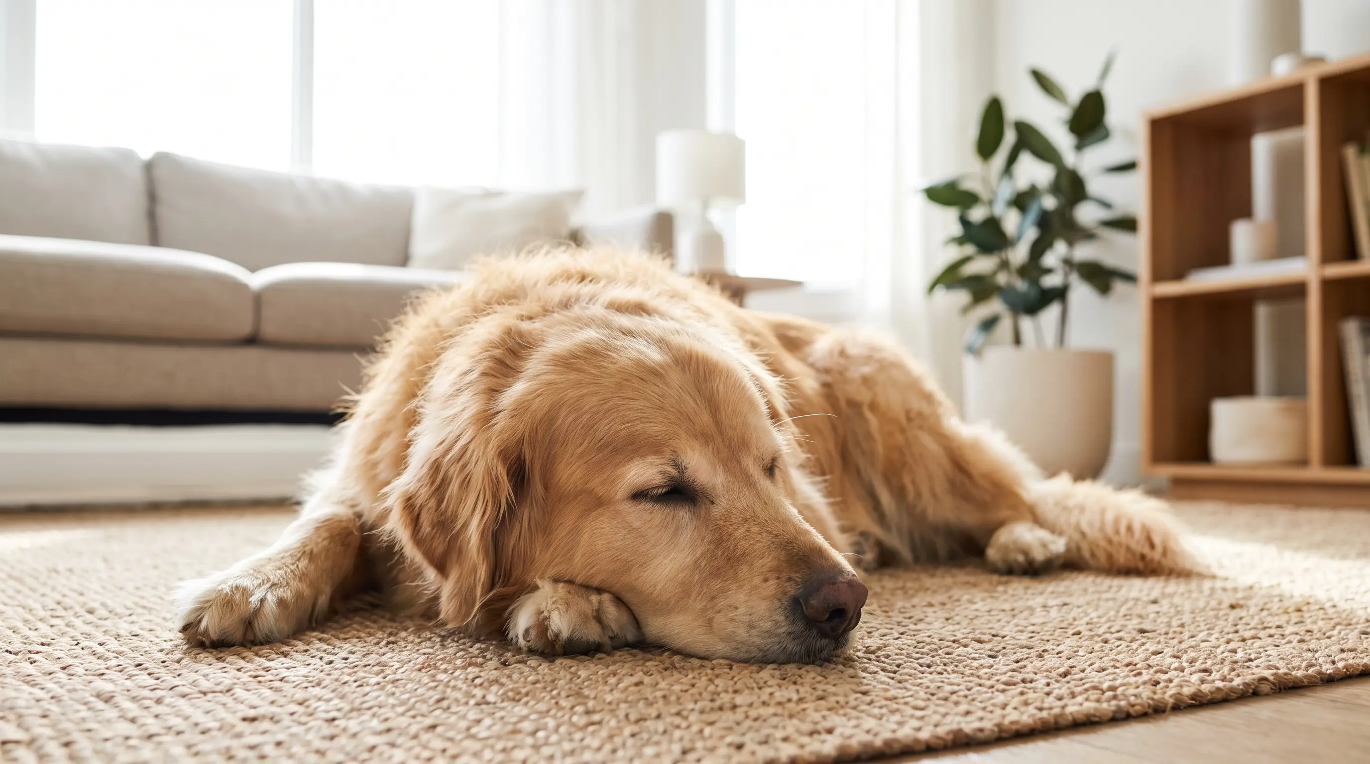 A large dog lying calmly and relaxed on the floor of a bright living room