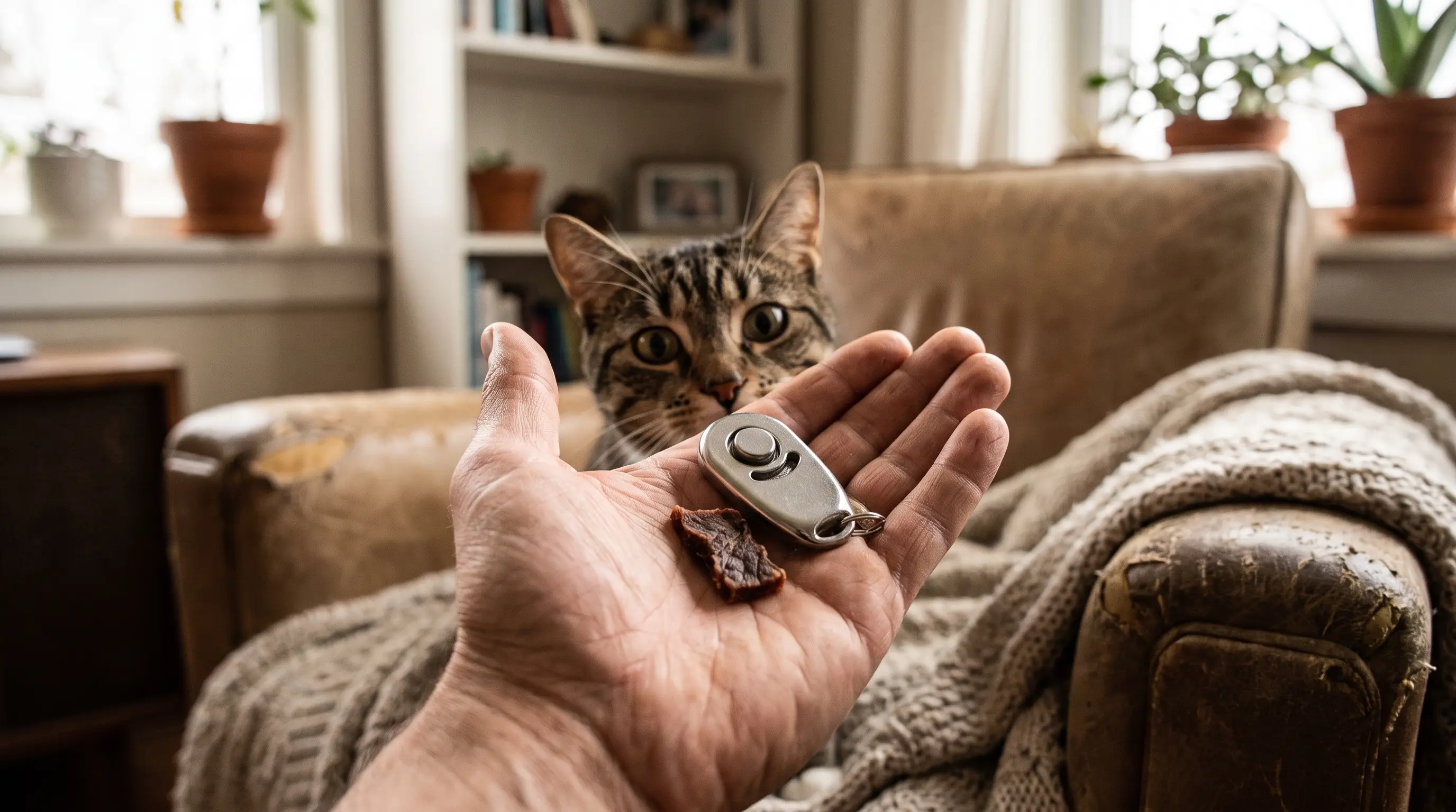 Close-up of a hand holding a small clicker and a tiny treat beside a cat