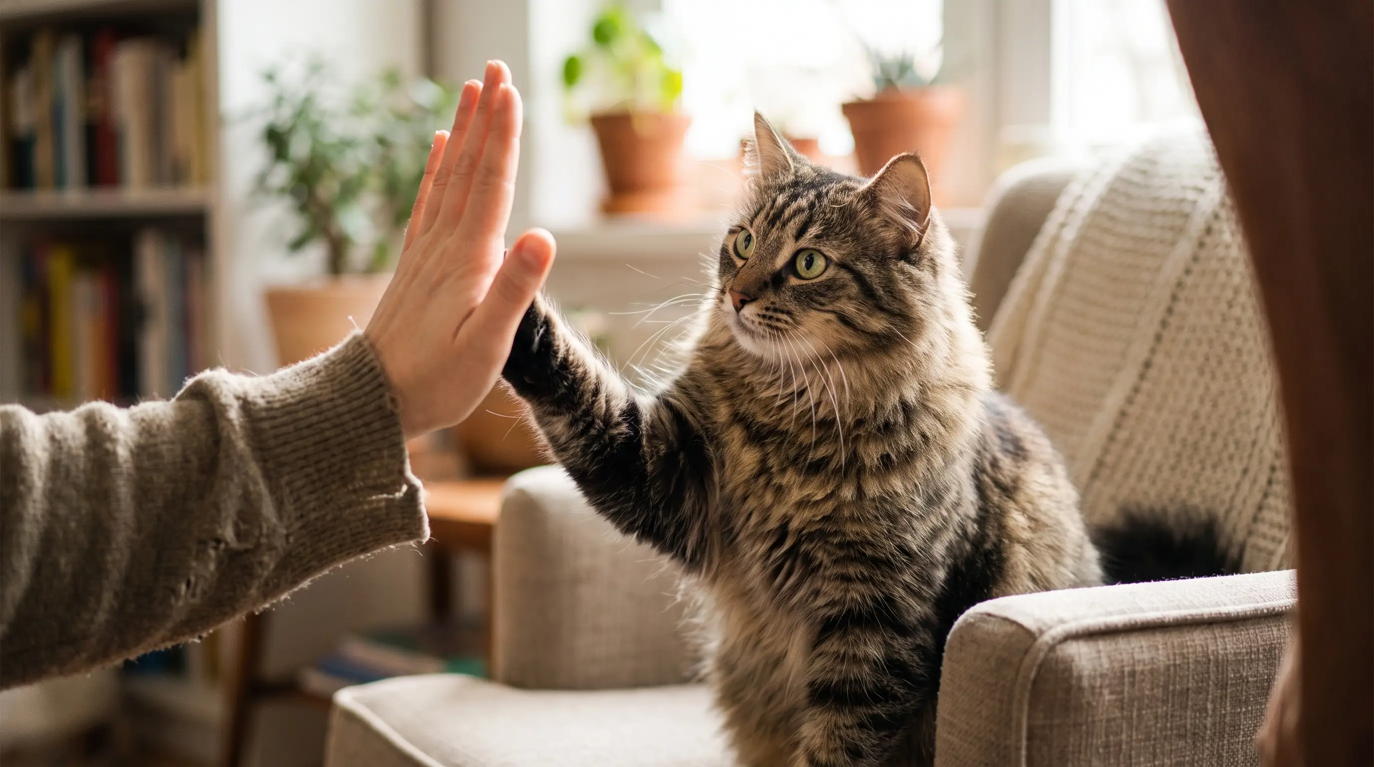 A cat lifting a front paw toward a person's open hand in a high-five gesture