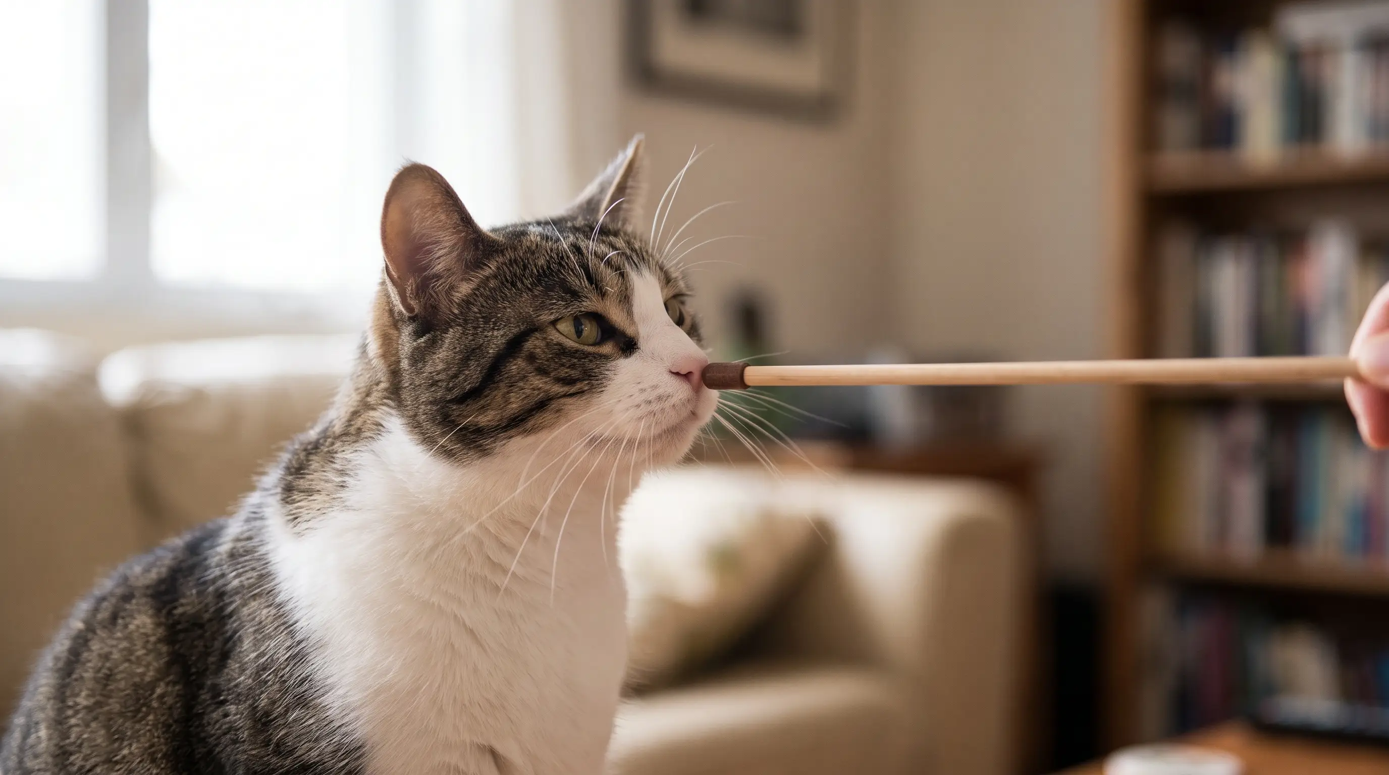 A cat touching its nose to the tip of a wooden target stick