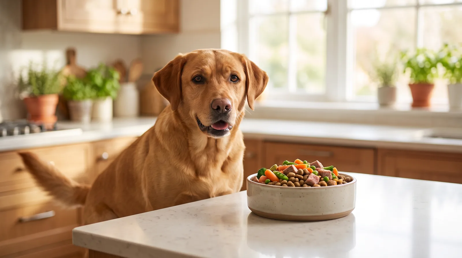 A healthy Labrador sitting beside a full, balanced bowl of dog food on a bright kitchen counter