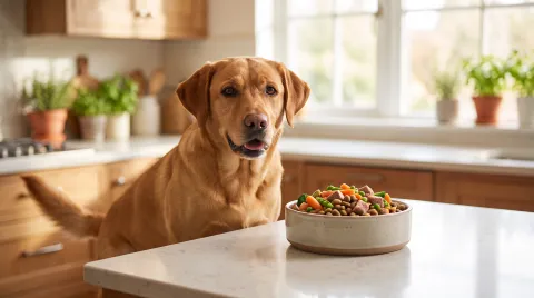 A healthy Labrador sitting beside a full, balanced bowl of dog food on a bright kitchen counter