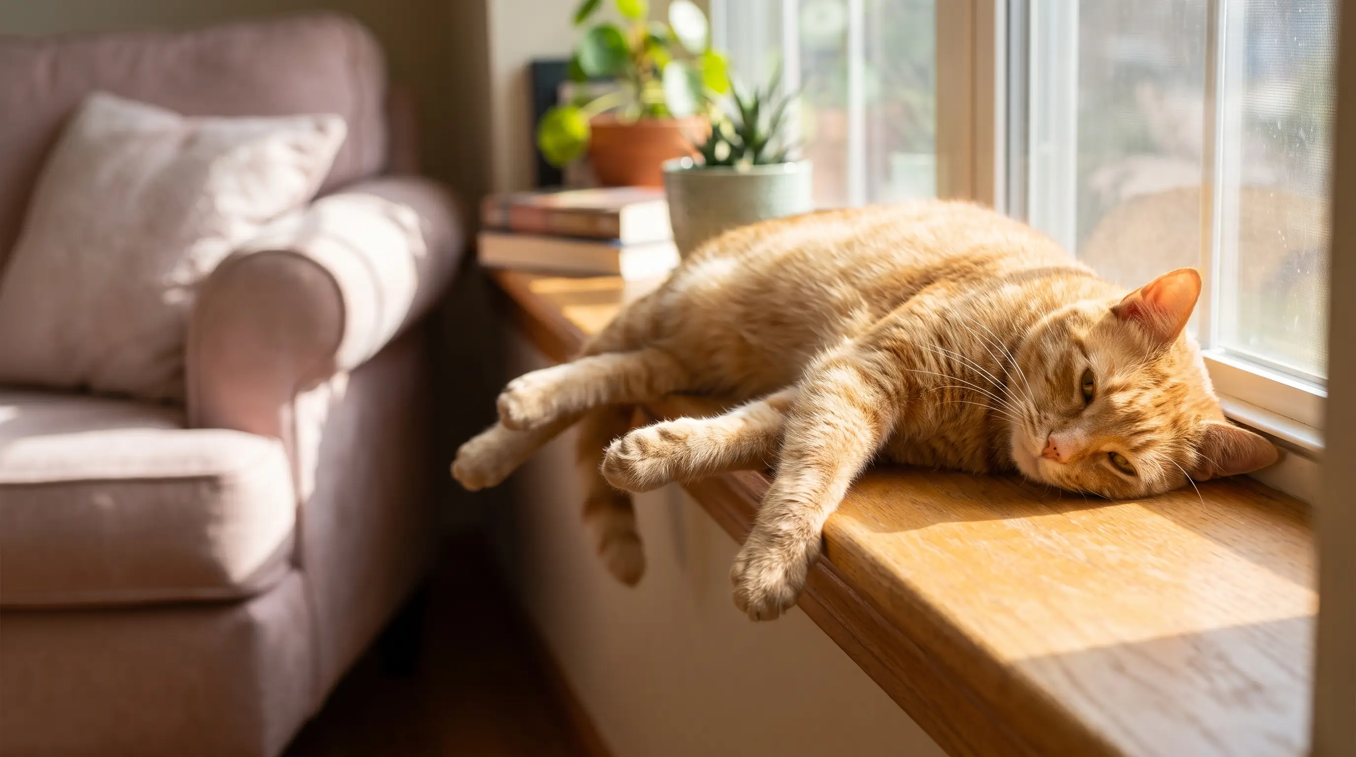 A cat in deep relaxed sleep stretched out on a sunlit windowsill, body completely limp