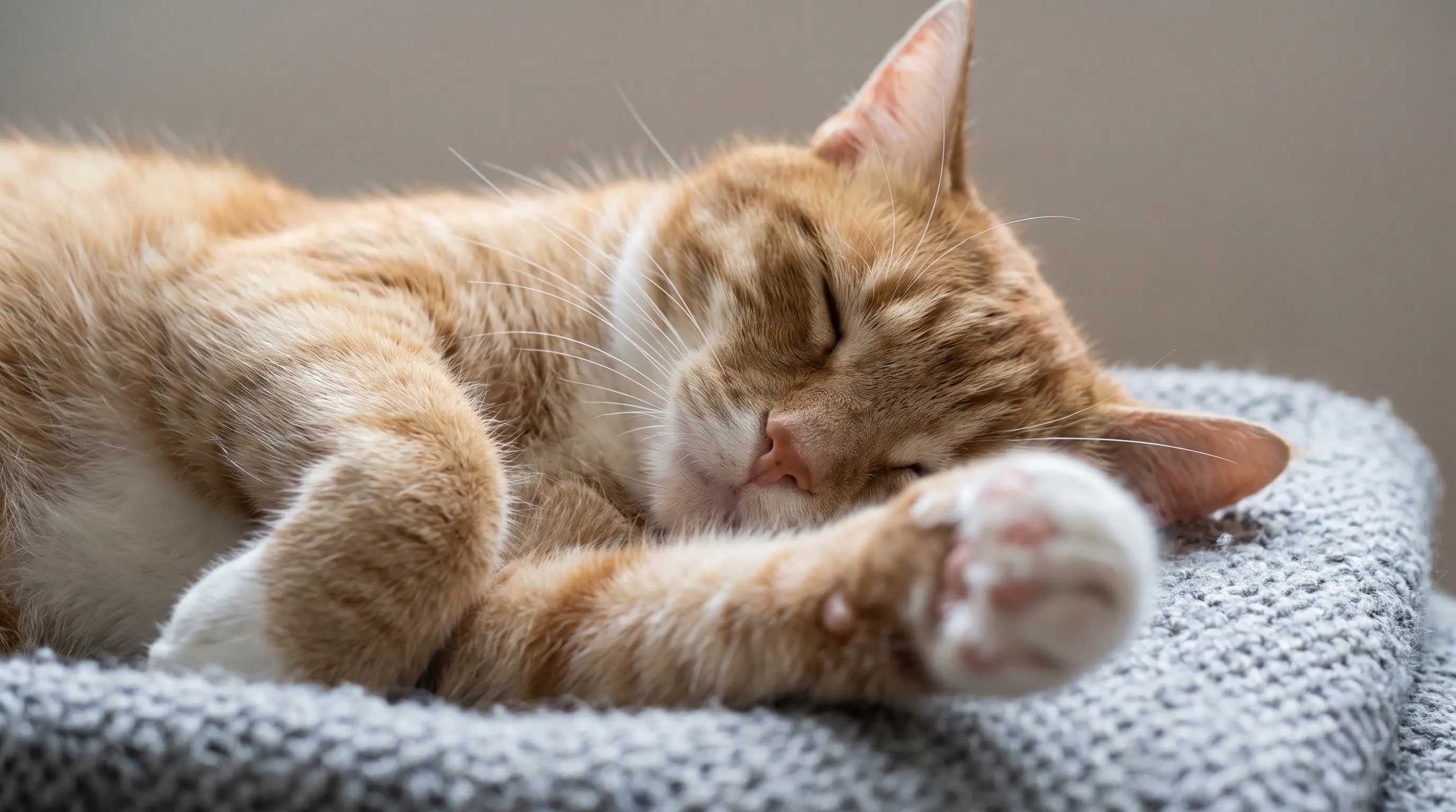 Close-up of a sleeping cat's face with whiskers and paws relaxed, one paw showing a small twitch