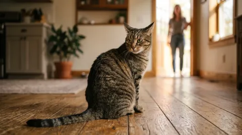 Brown tabby cat on a kitchen floor turning its head back over its shoulder towards someone calling it