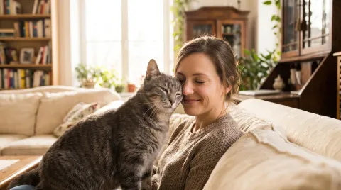 Grey tabby cat pressing its forehead against a smiling woman's cheek on a sofa in soft window light