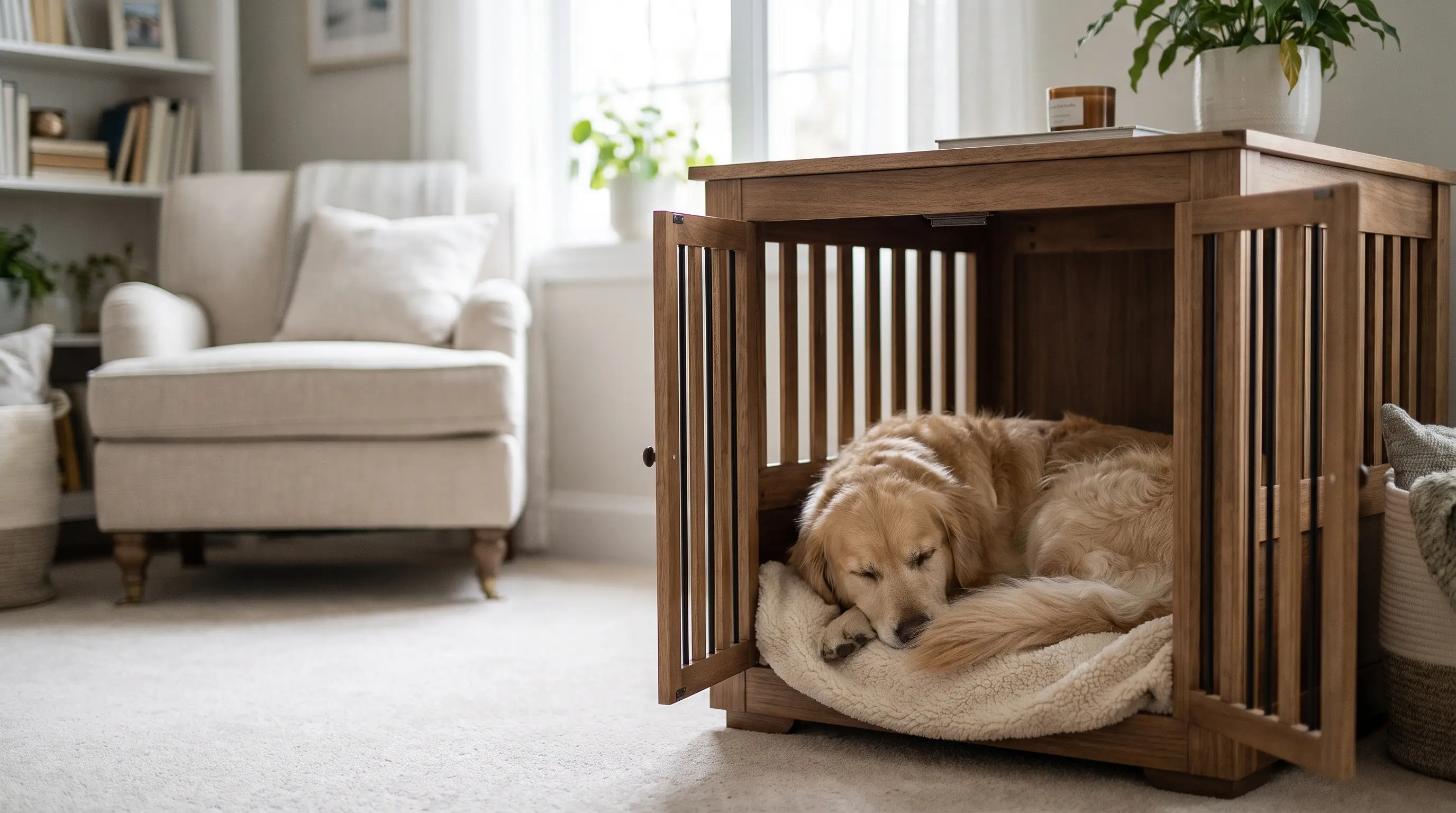 A dog curled up resting in an open crate in a calm, quiet room