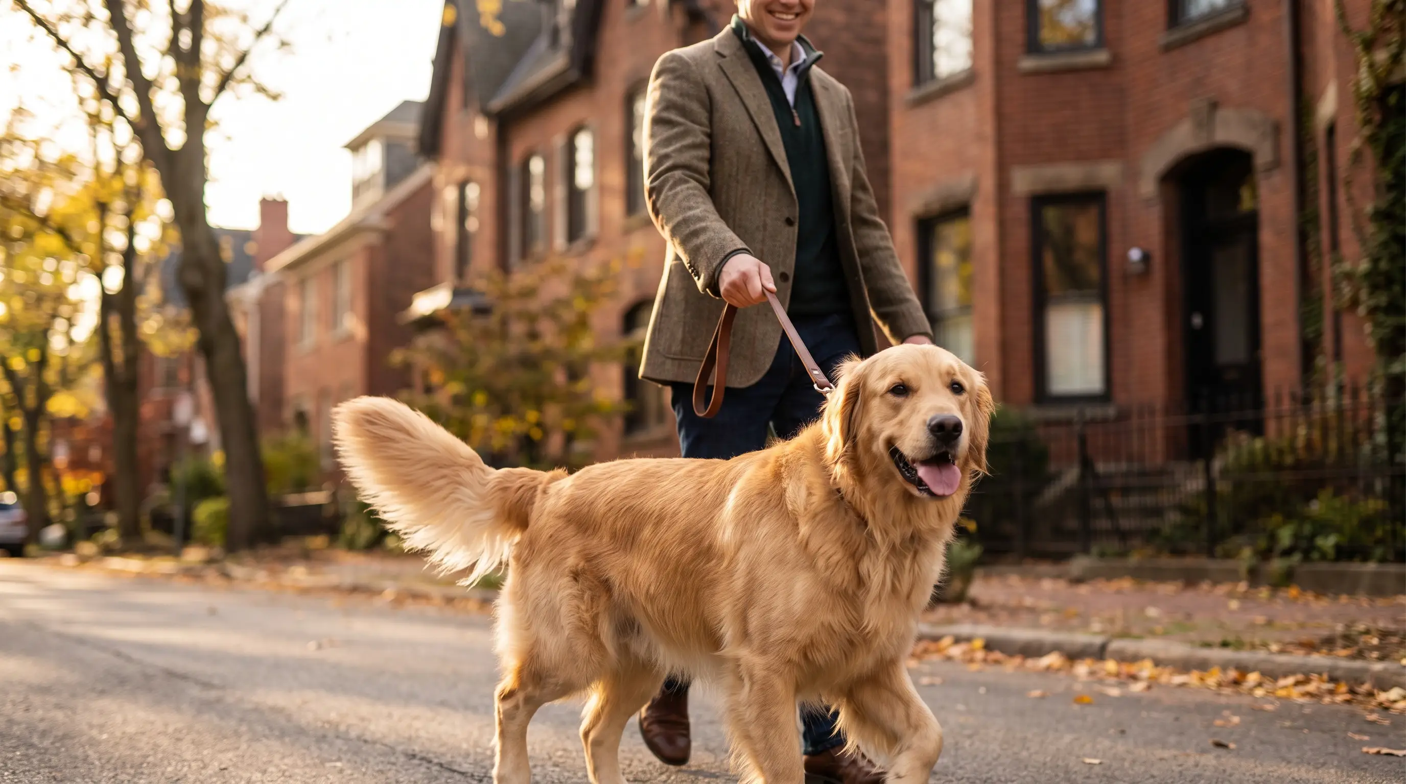 A happy dog walking on a lead beside its owner on a neighbourhood street