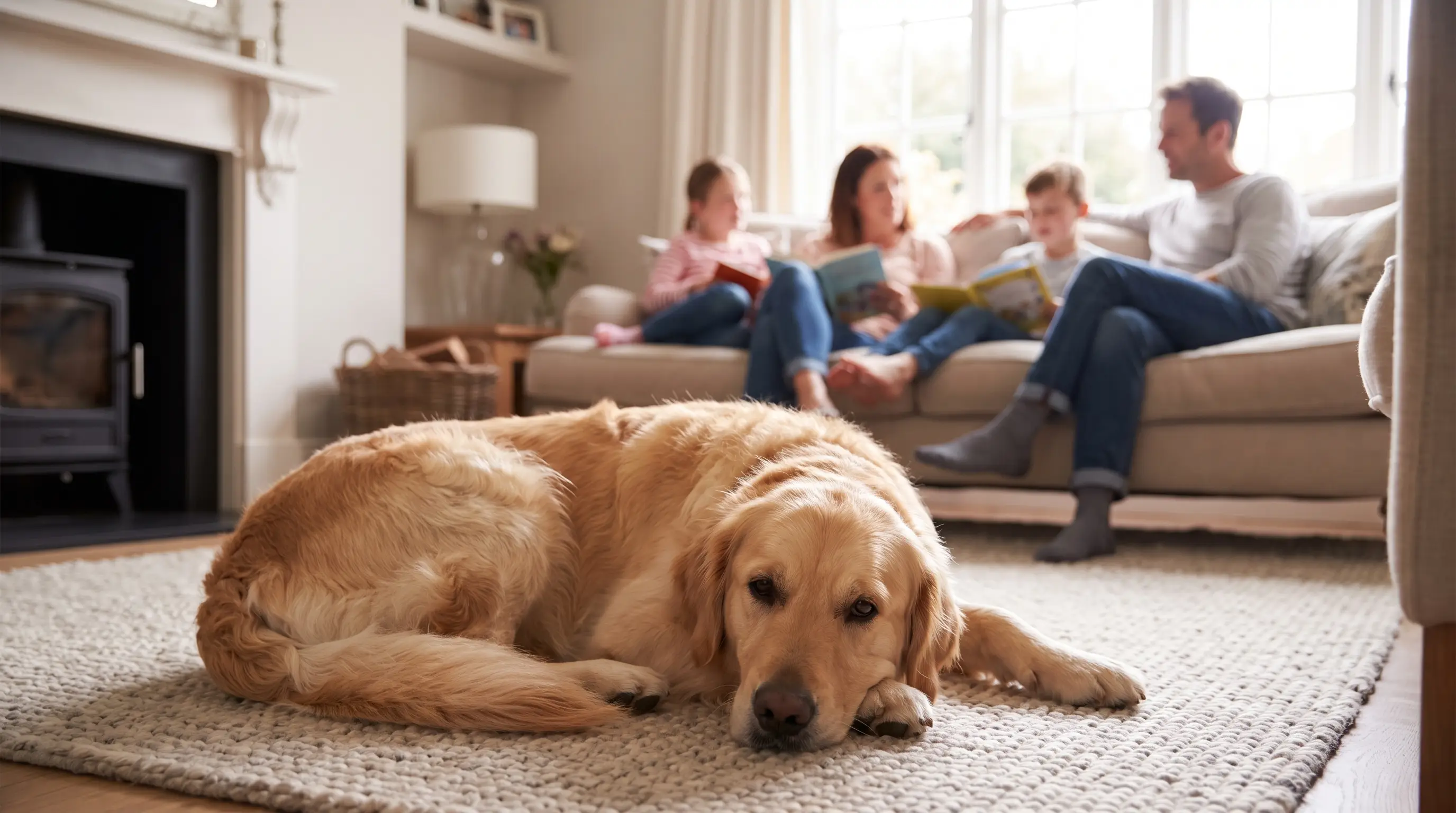 A relaxed, content dog lying on a rug in a cosy living room with a family nearby