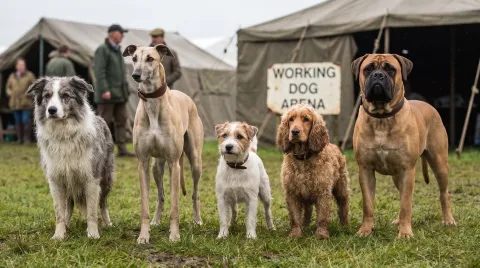 A line-up of very differently shaped dogs, the product of selective breeding from one wolf ancestor