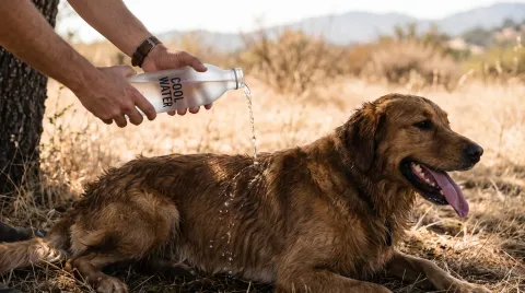 A dog drinking cool water from a bowl held by its owner outdoors on a warm day