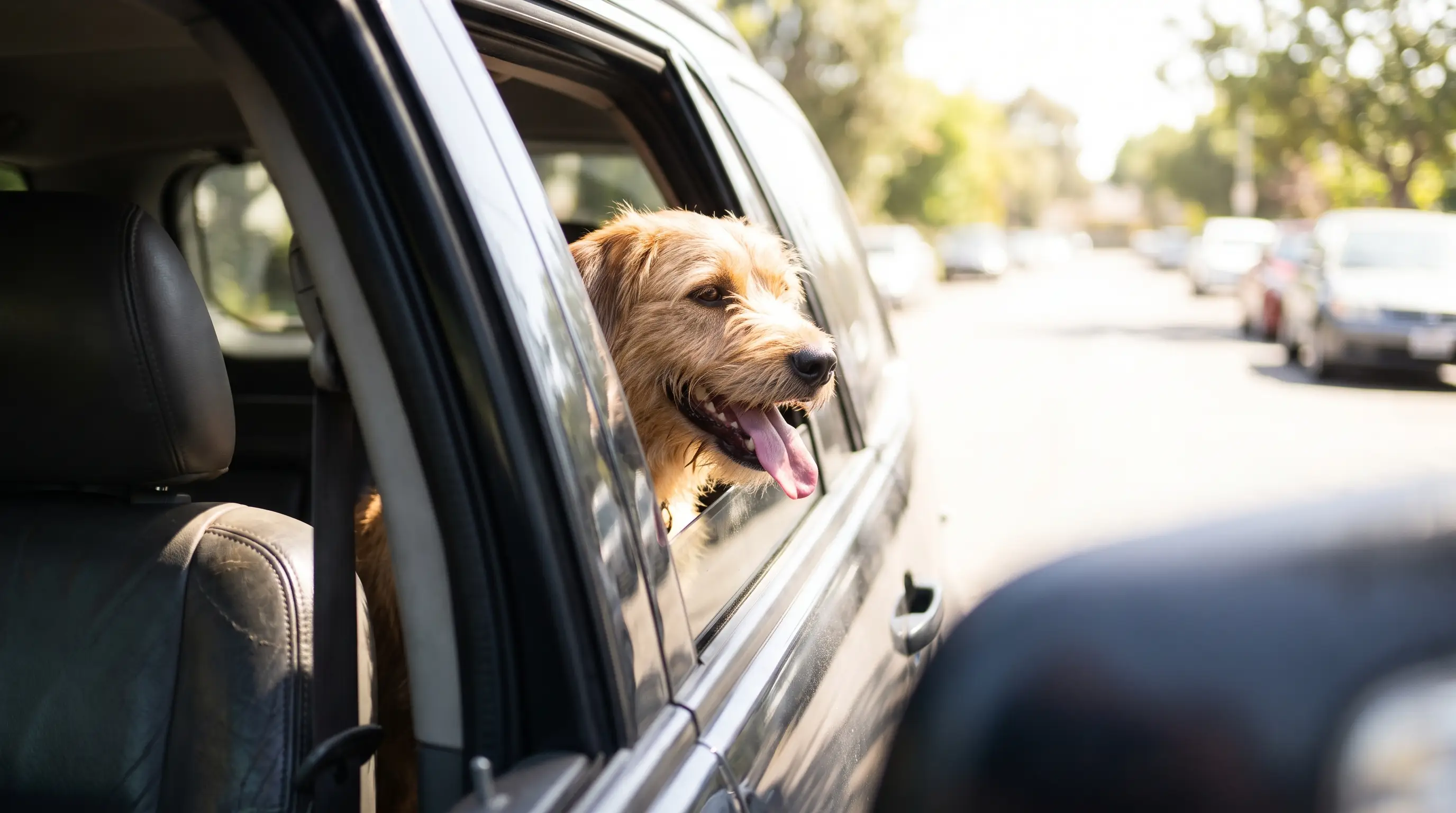 Un perro mirando por la ventanilla de un coche aparcado en un día soleado