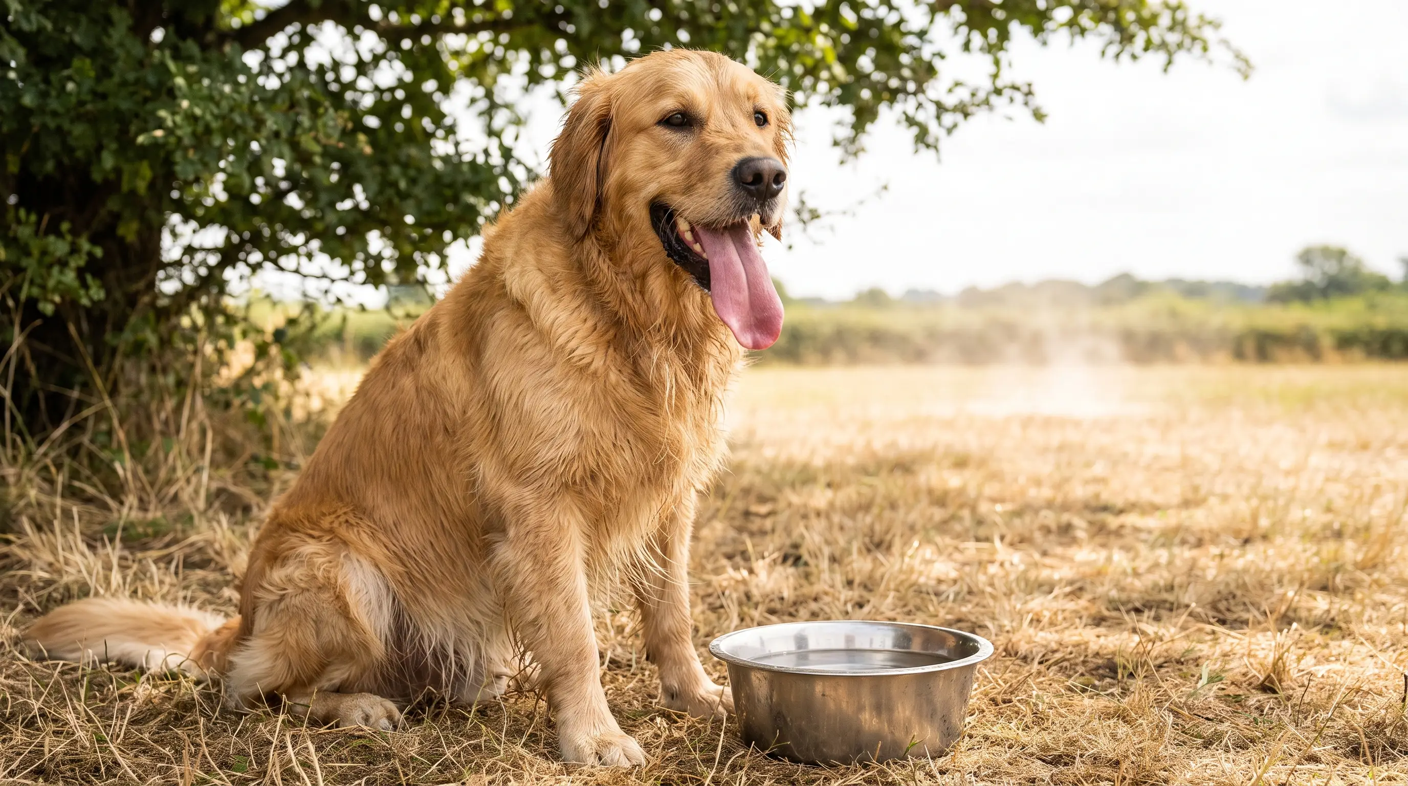 A panting dog resting in the shade on a hot summer day, tongue out, beside a bowl of water