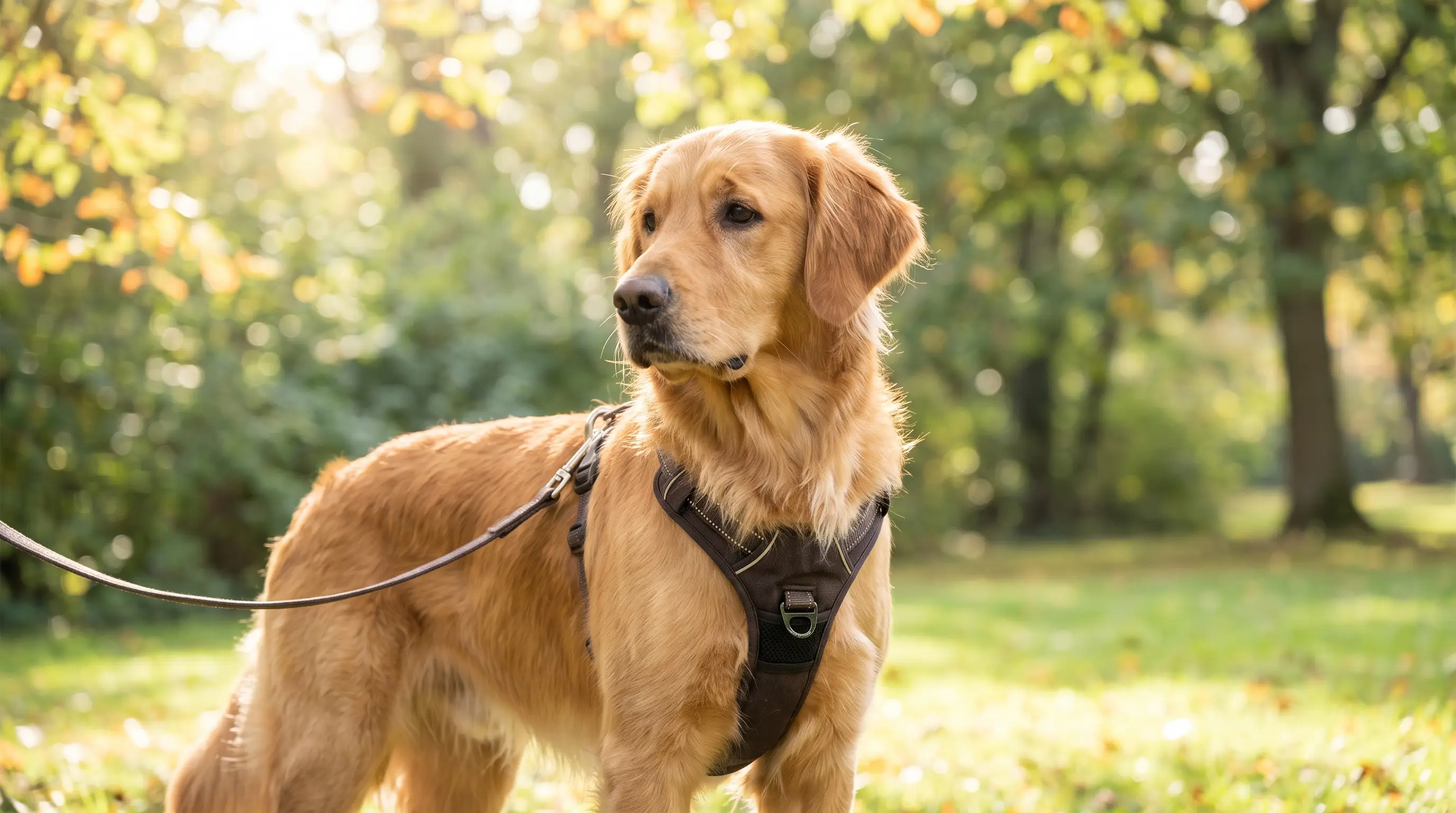 A dog wearing a front-clip harness with the lead attached at the chest ring