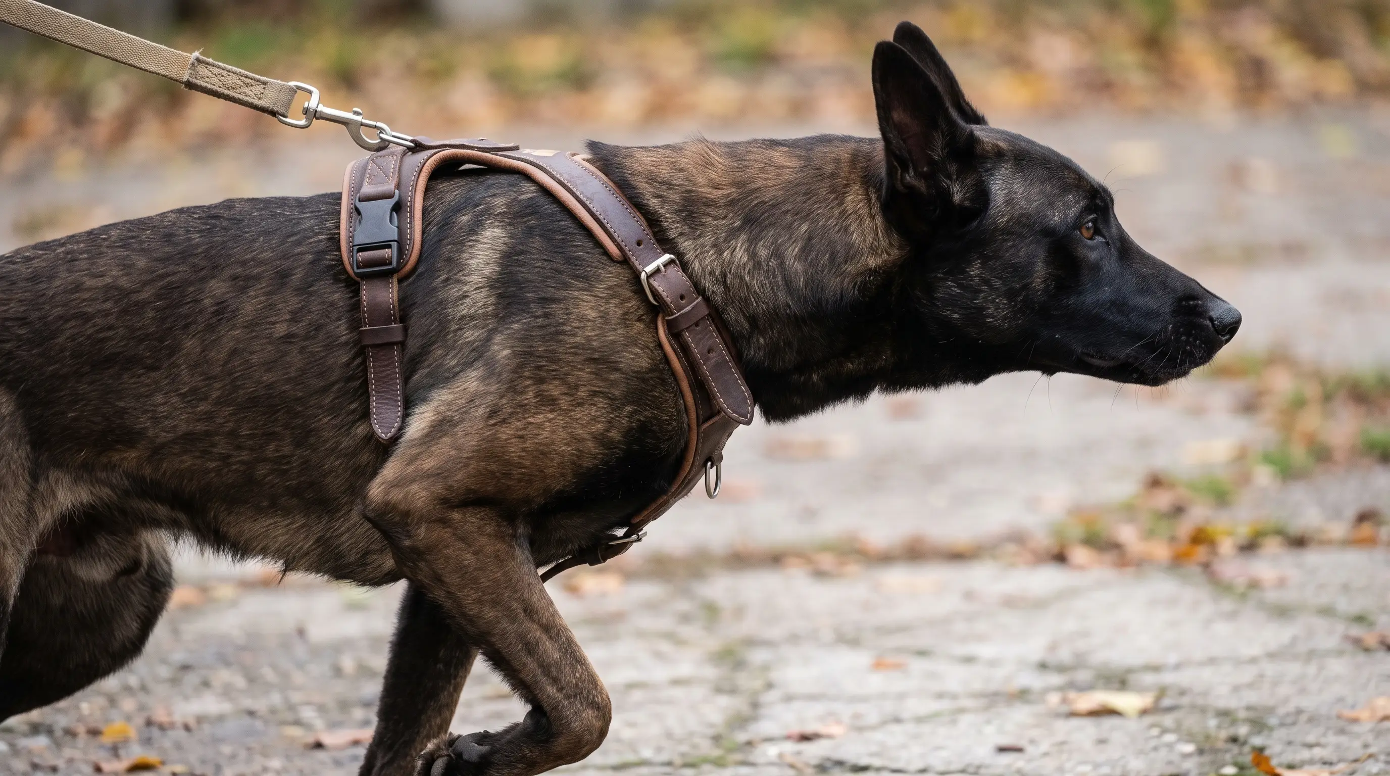 Close-up of a dog leaning its weight forward into a harness on a taut lead
