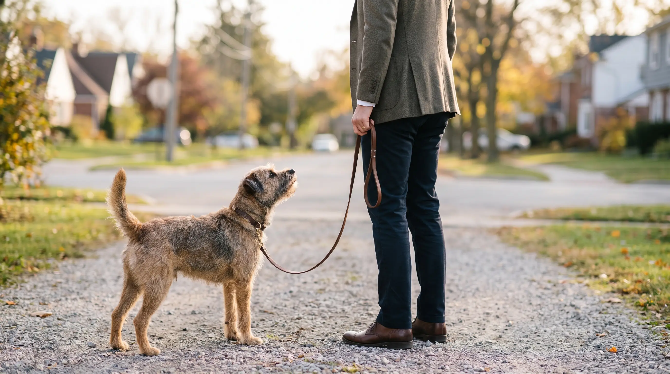 Owner standing still and turning to walk the other way while a dog looks back up at them