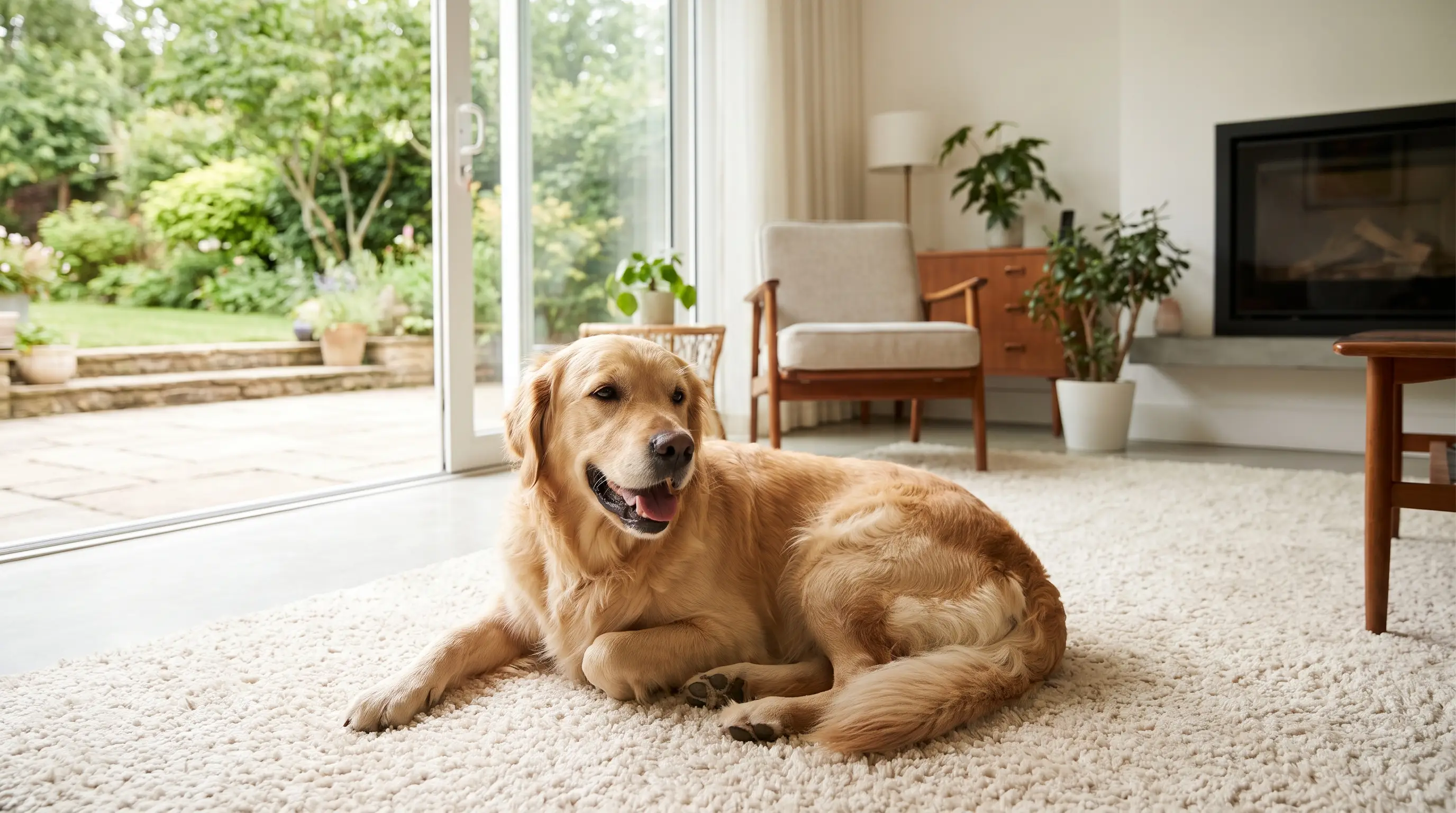 A happy dog lying in a safe, tidy living room with a secure garden visible through open doors in warm light