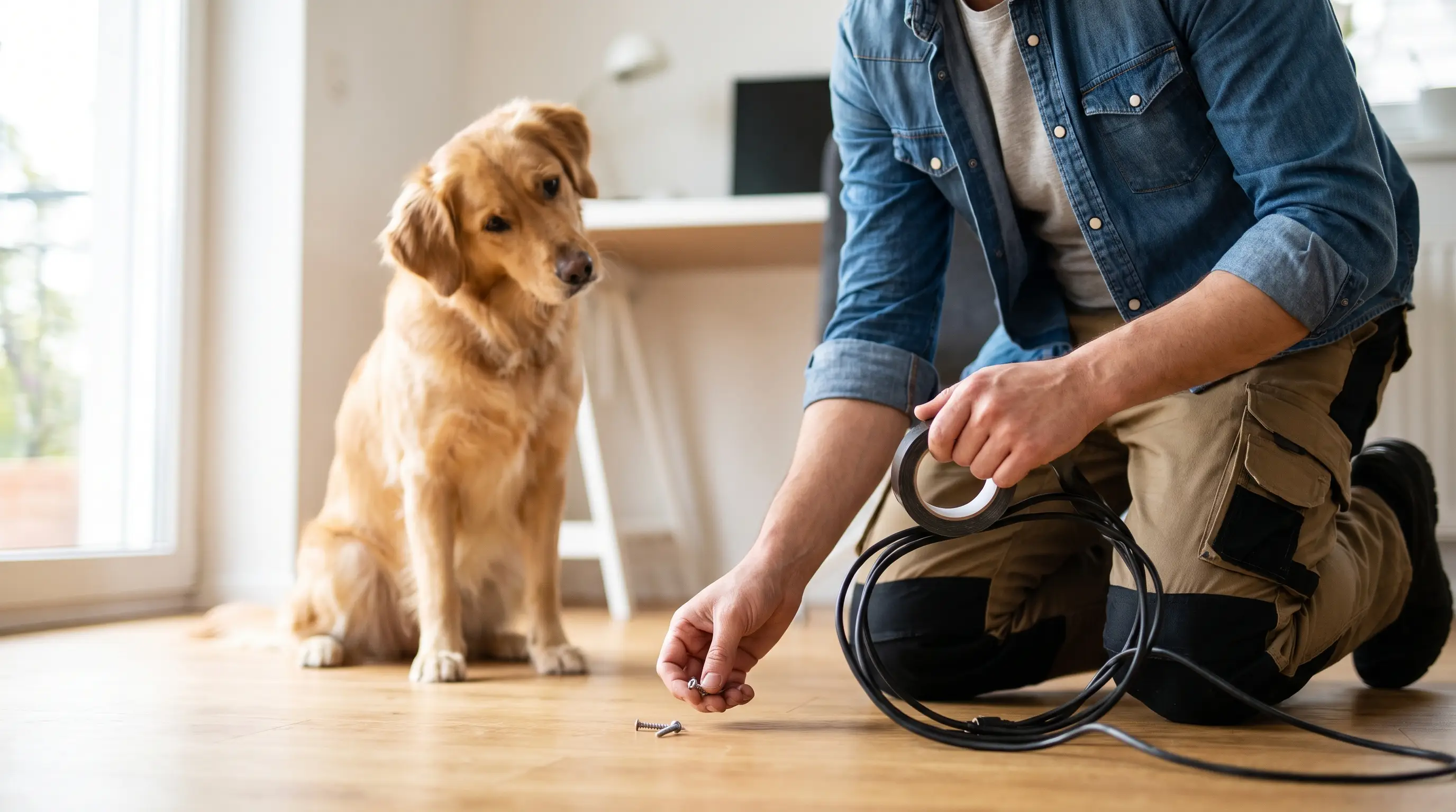 A person kneeling to tape down trailing cords at floor level while a dog watches nearby