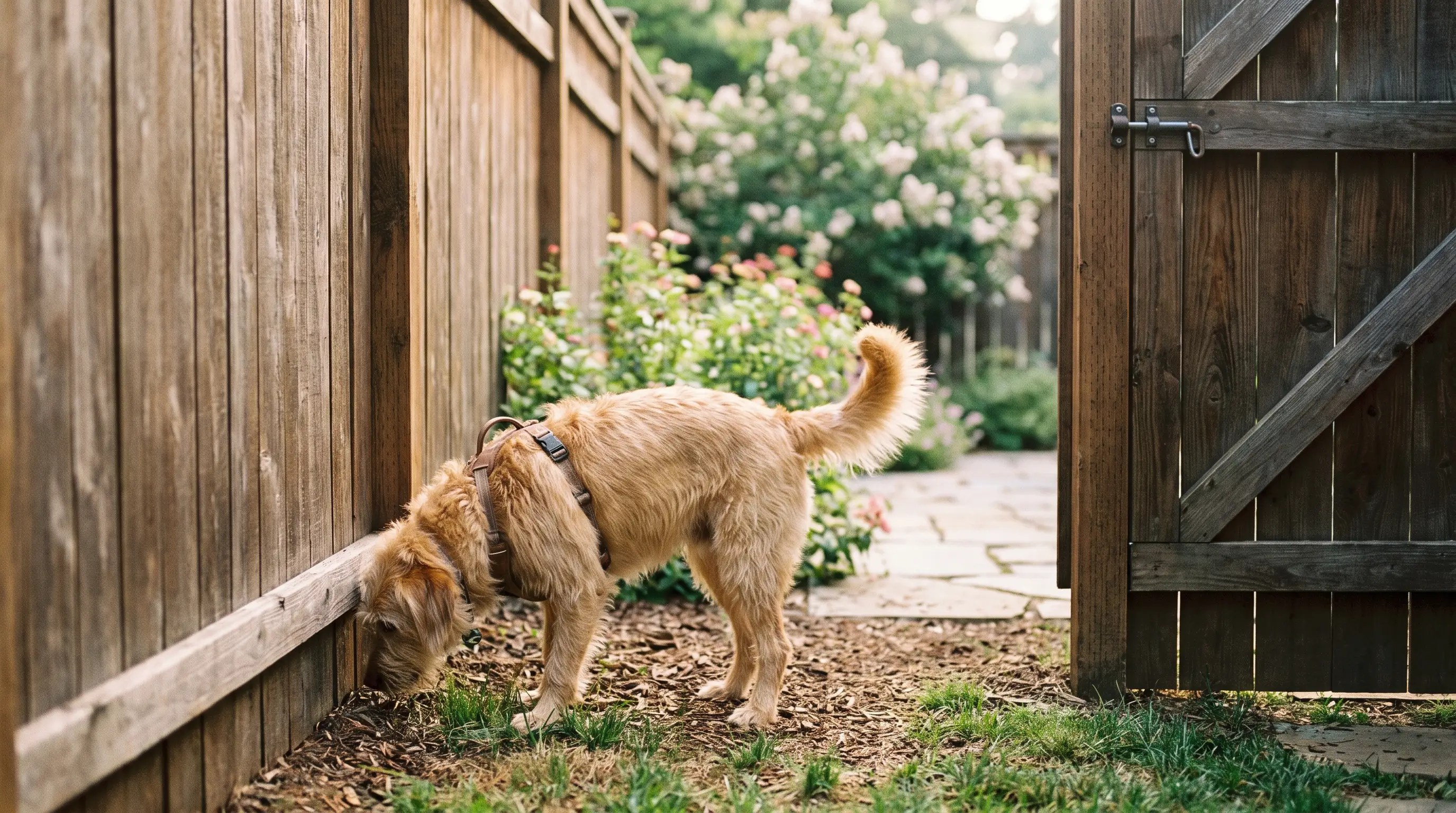A dog exploring a securely fenced garden with a closed gate in warm afternoon light