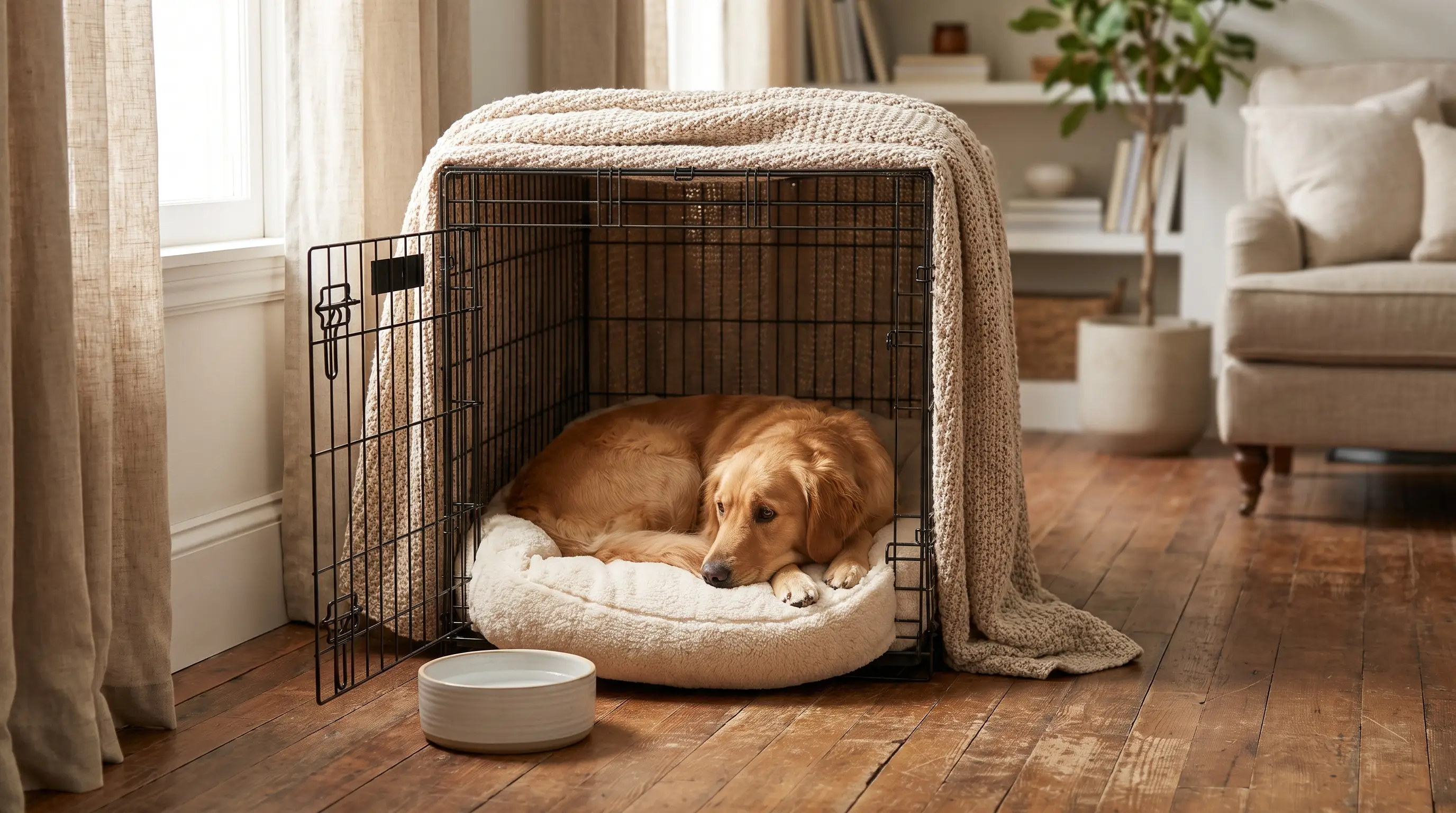 A cosy corner set up for a dog with a soft bed, an open crate and a water bowl in a calm room