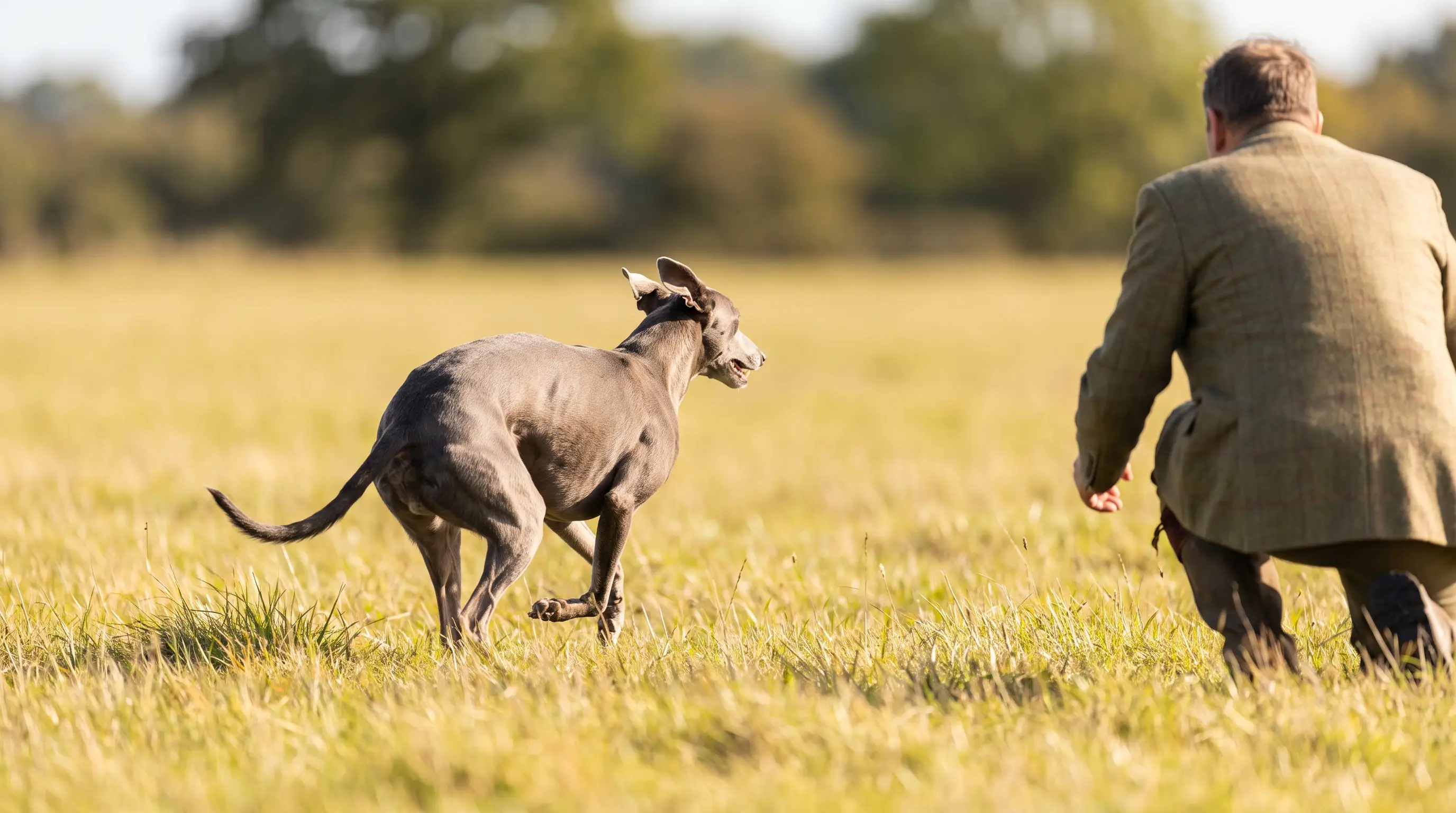 A dog racing back to its owner across open grass with obvious enthusiasm