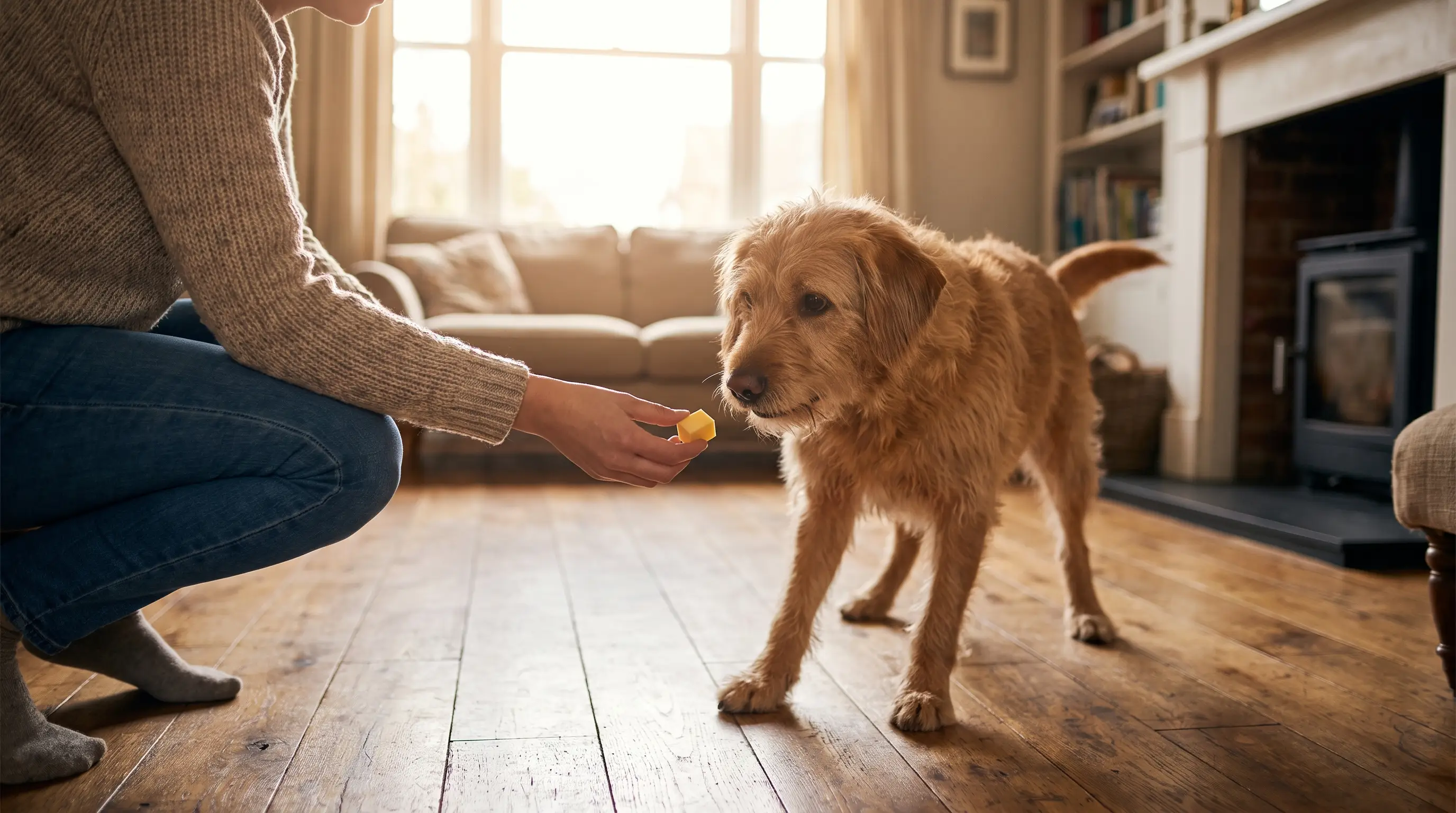 Un perro lame la mano de una persona, que lo mira sonriendo