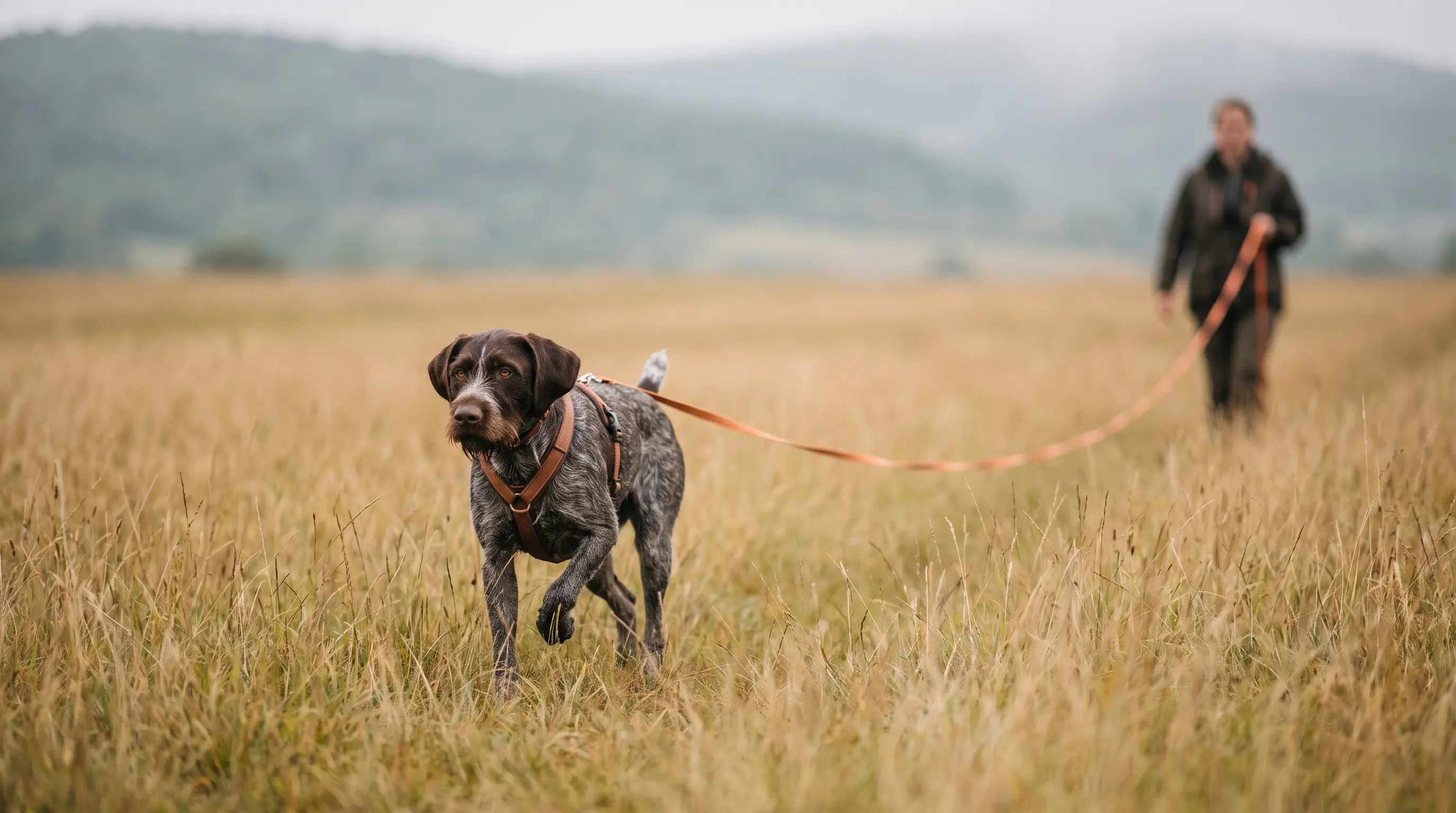 A dog on a long training line trotting across a meadow toward its handler