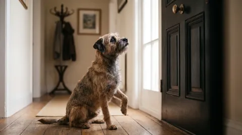 Mixed-breed dog sitting alone in a hallway by a closed front door, ears back, looking up at the door anxiously