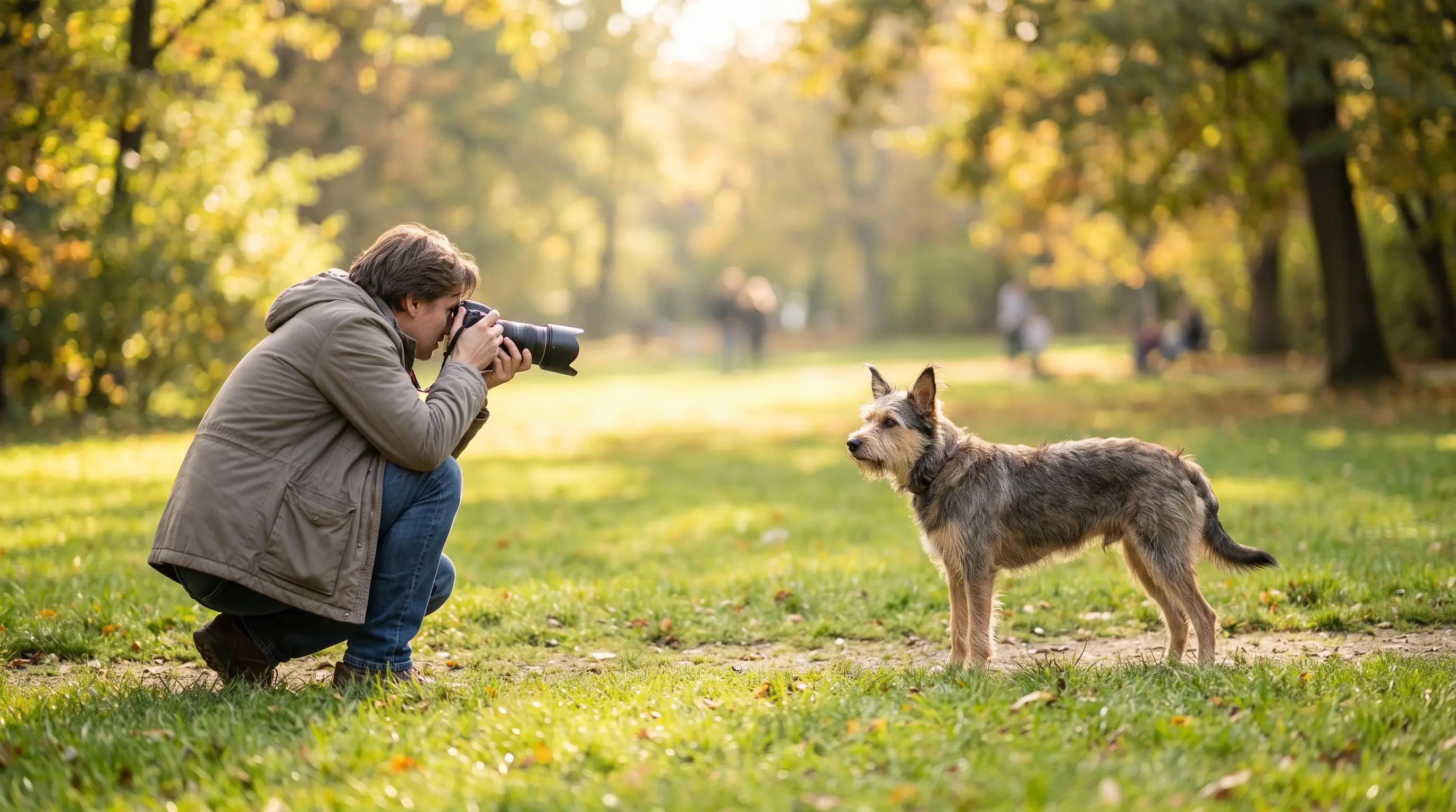 A person watching a dog closely, reading its posture and expression