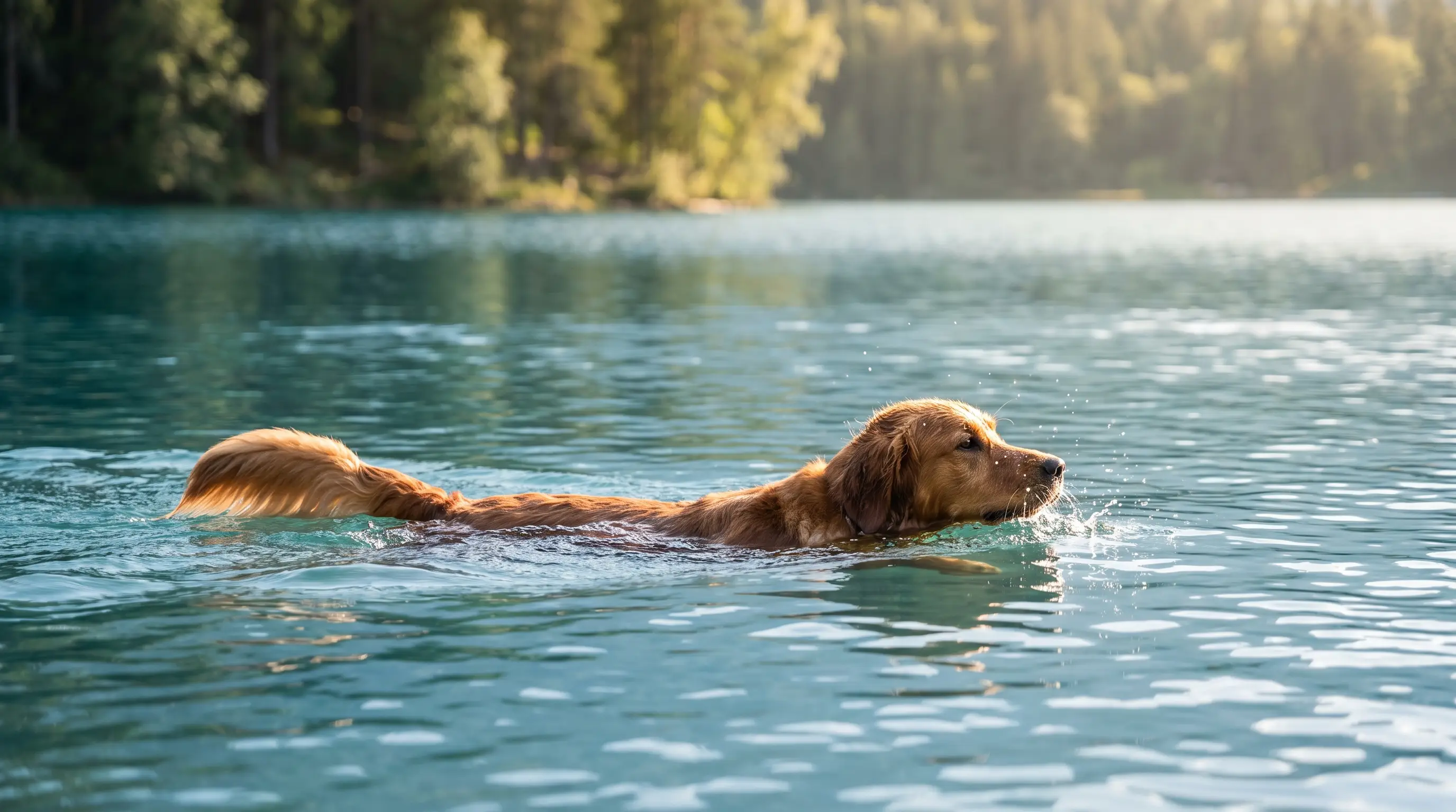 A retriever-type dog swimming in open water with its tail trailing behind as a rudder