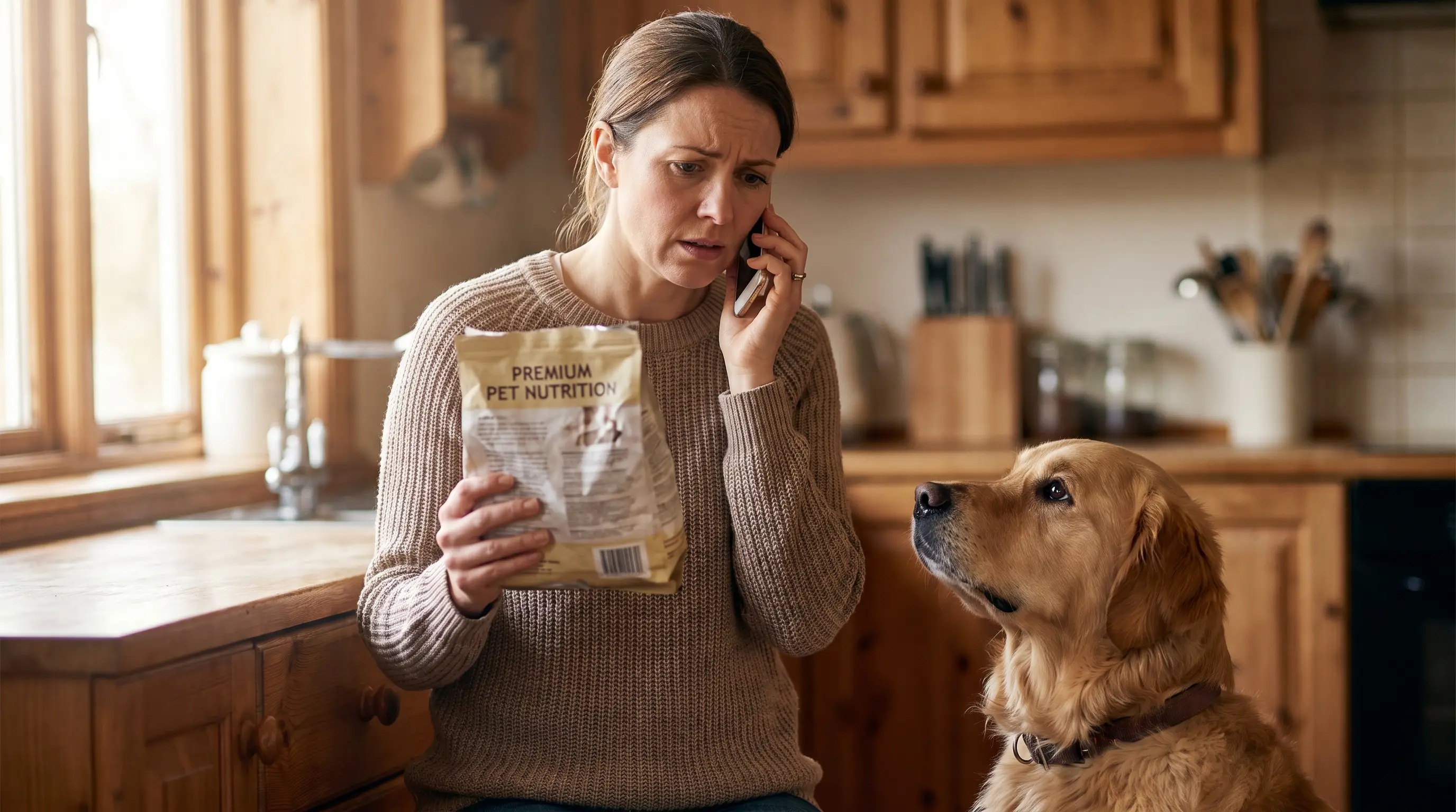 A person on the phone holding a food package while a dog sits nearby