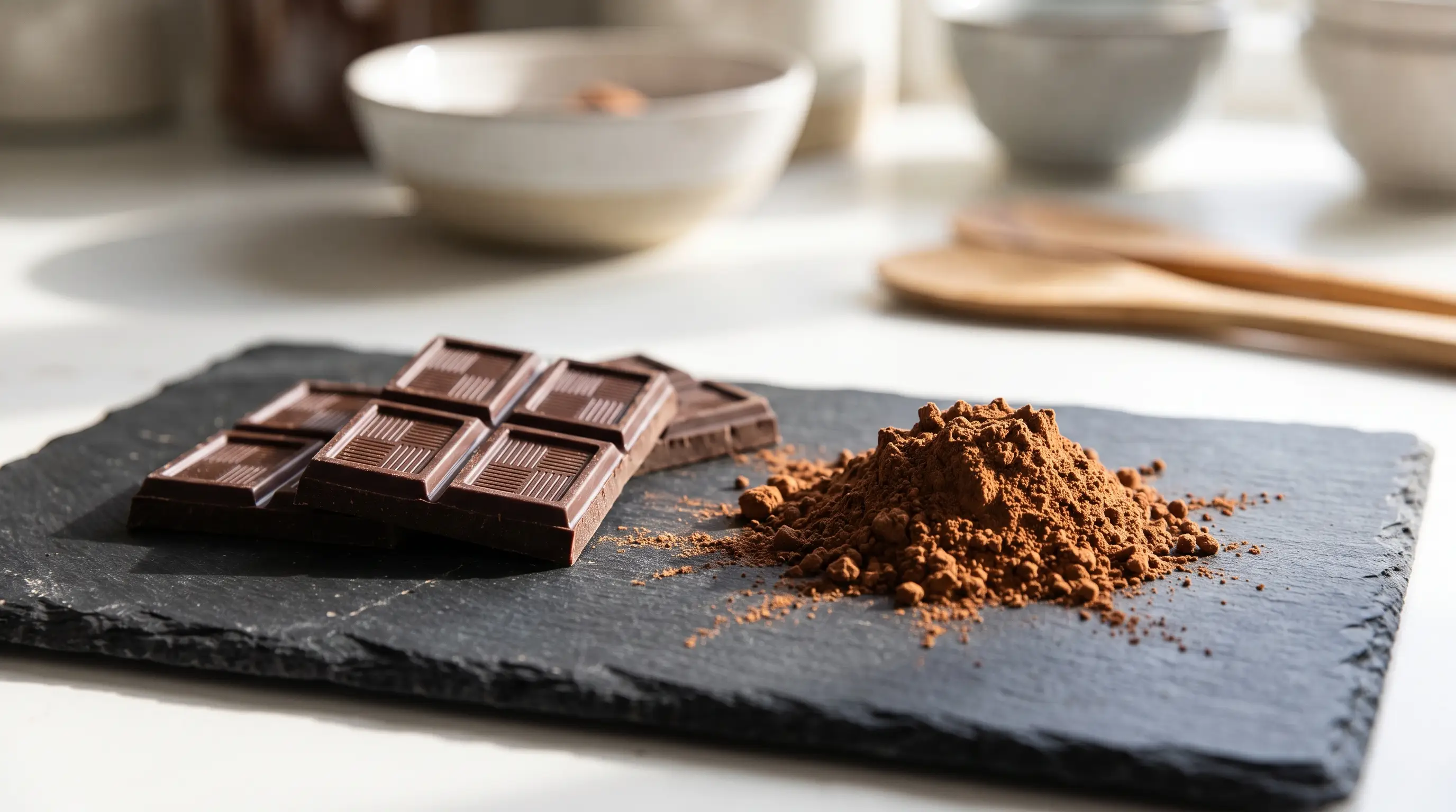Dark chocolate squares and cocoa powder on a dark surface