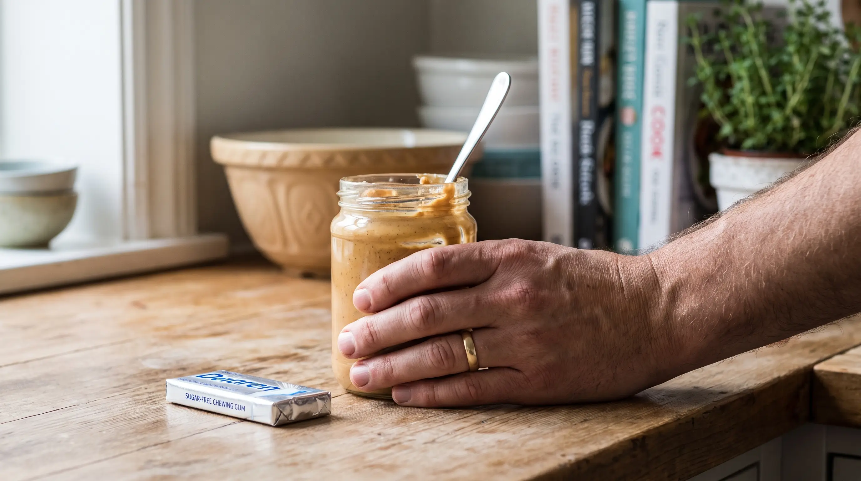 A pack of sugar-free gum and a jar of peanut butter with a label being read
