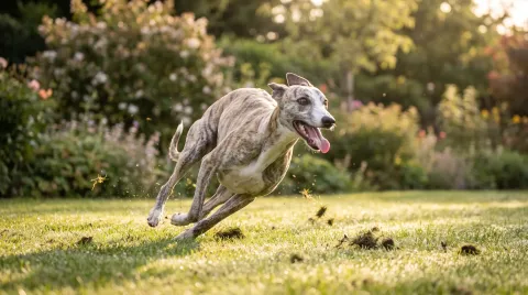 Young whippet mix sprinting flat out across a lawn, rear tucked low and ears pinned back by speed