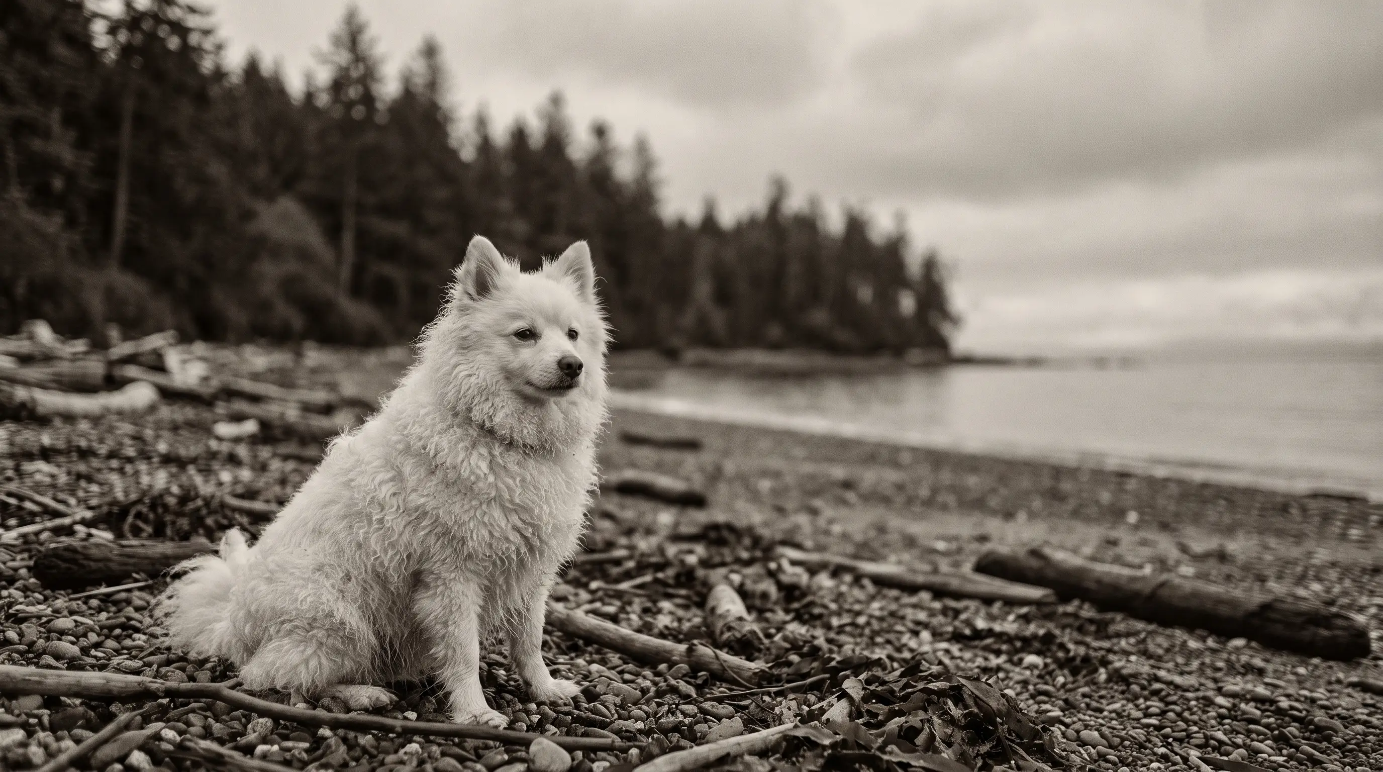 Een kleine witte wollige spitsachtige Salish-wolhond met een dichte vachtachtige pels die op een rotsige kust in de Pacific Northwest staat.