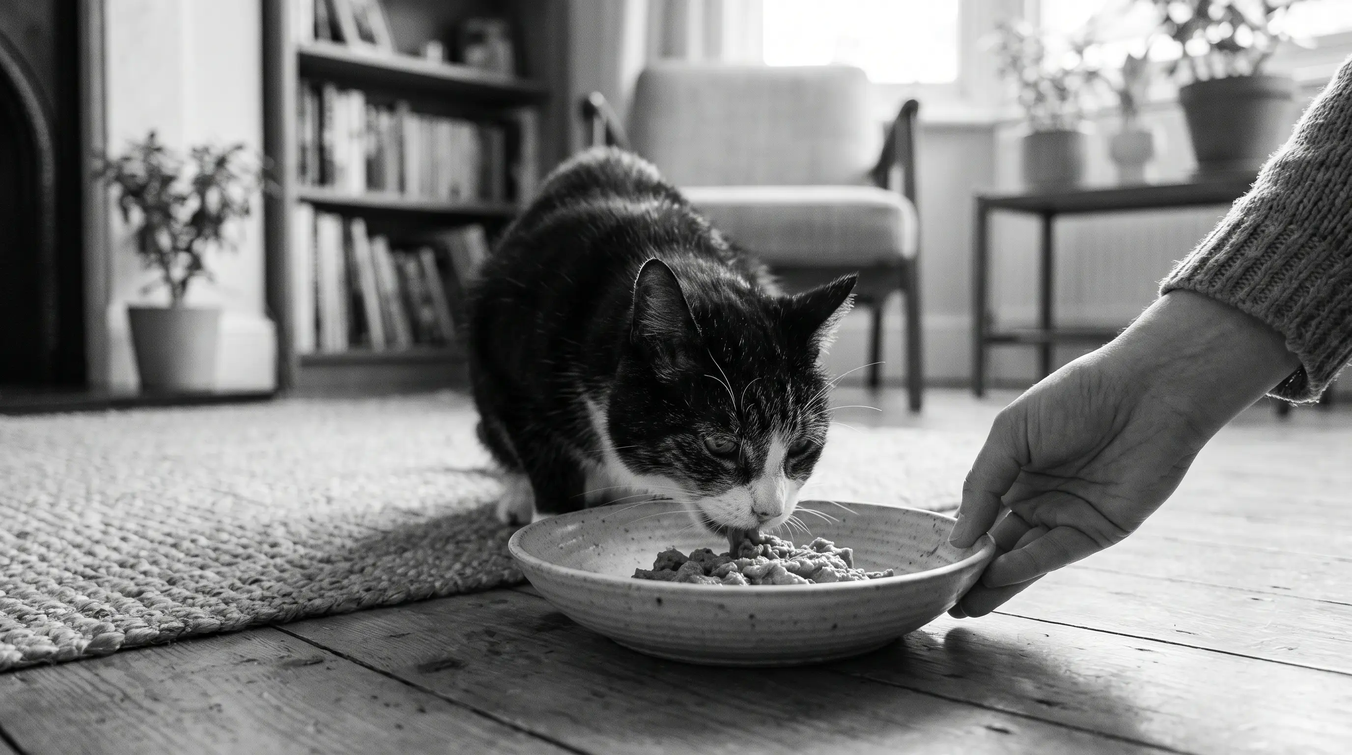 Senior black-and-white cat eating wet food from a wide shallow dish as a hand places it on the floor