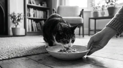 Senior black-and-white cat eating wet food from a wide shallow dish as a hand places it on the floor