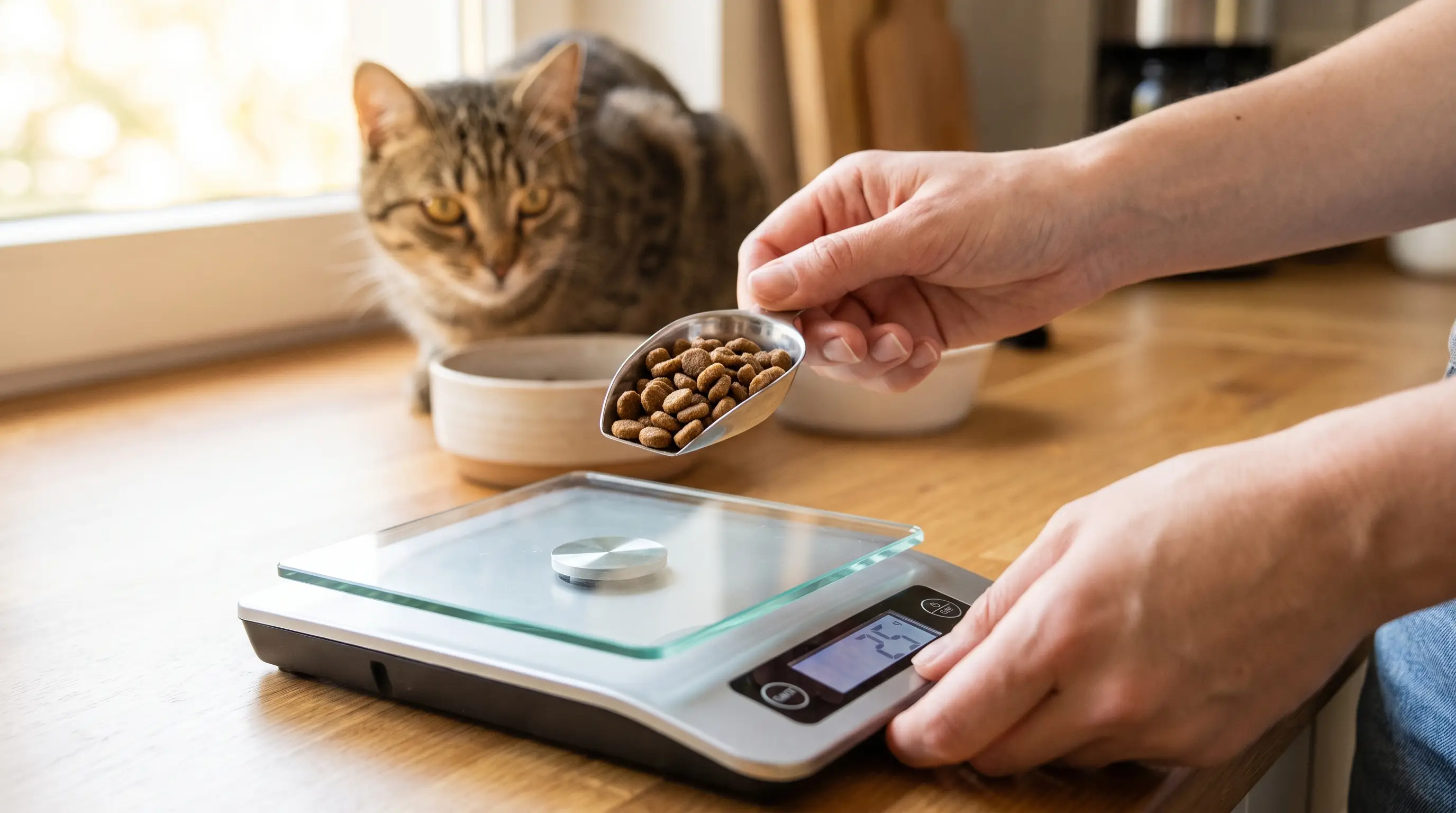 Hands using a kitchen scale to weigh out a small portion of dry cat food