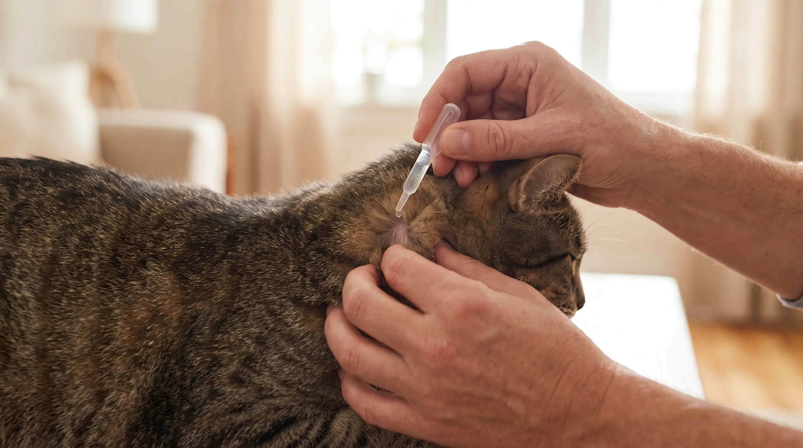 Owner applying a spot-on flea and tick treatment to the skin at the back of a cat's neck