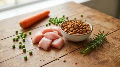 Raw chicken pieces beside a bowl of dog kibble with fresh peas and a carrot on a wooden board