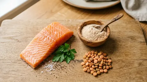 A fresh raw salmon fillet, a bowl of salmon meal powder and dog kibble on a warm wooden board