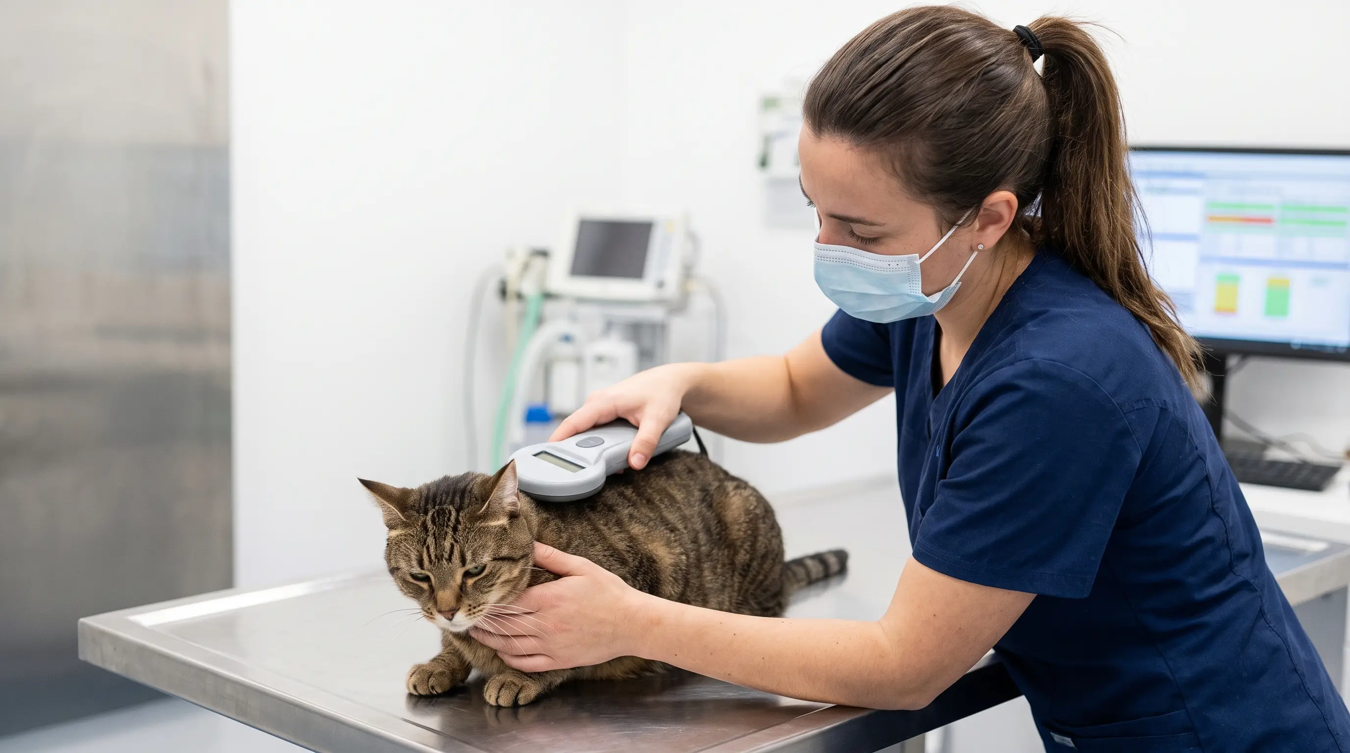 A vet nurse passing a handheld microchip scanner over a calm cat's shoulders