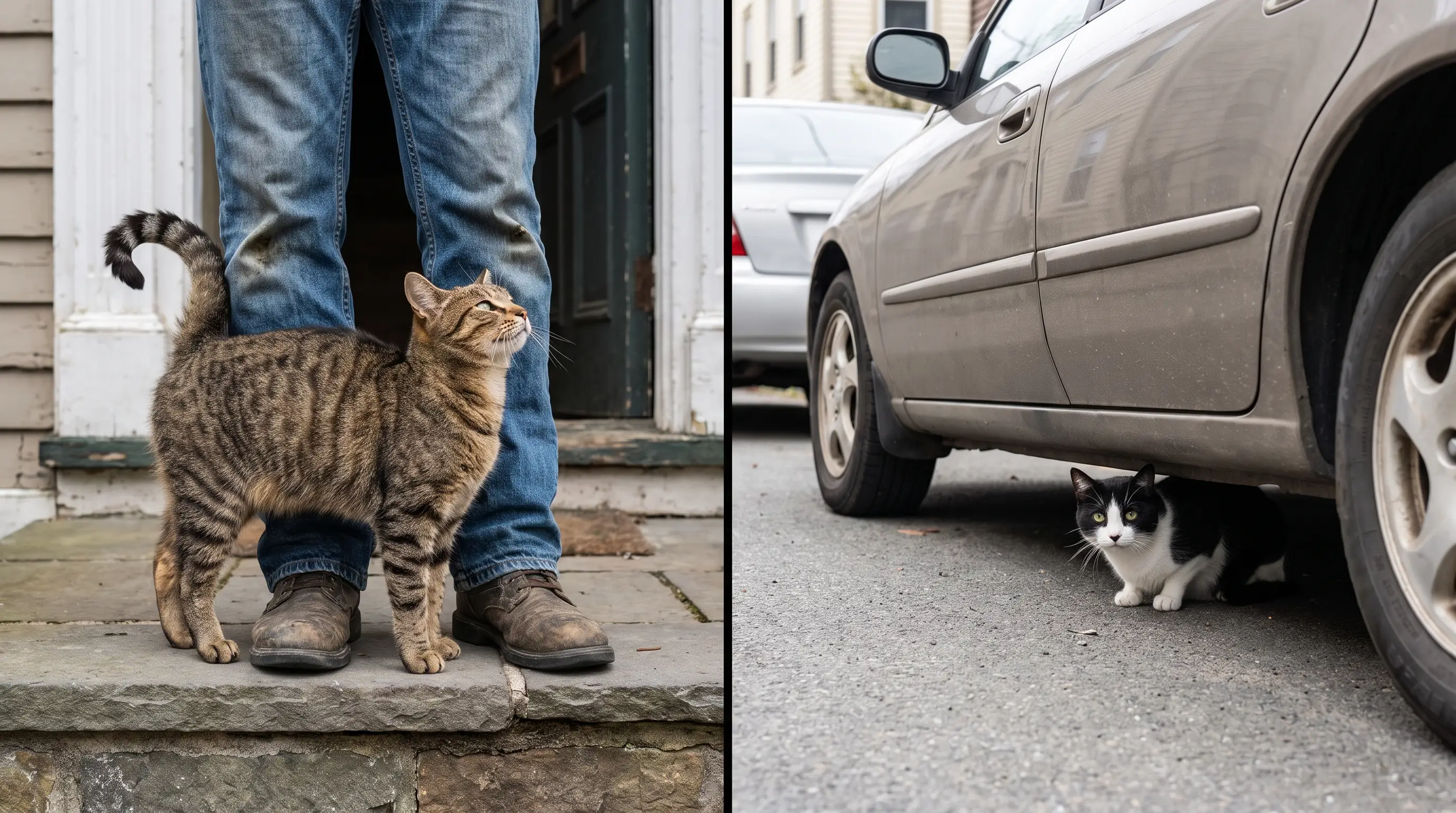Side-by-side of an approachable stray cat and a wary feral cat keeping its distance