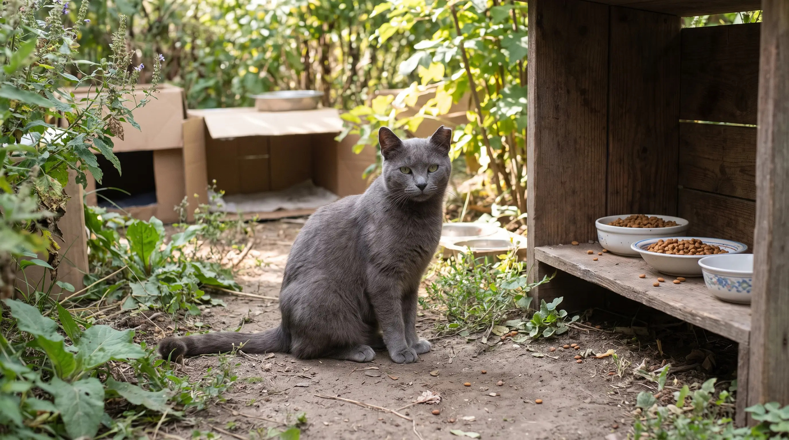 An ear-tipped feral cat sitting calmly in a managed outdoor colony