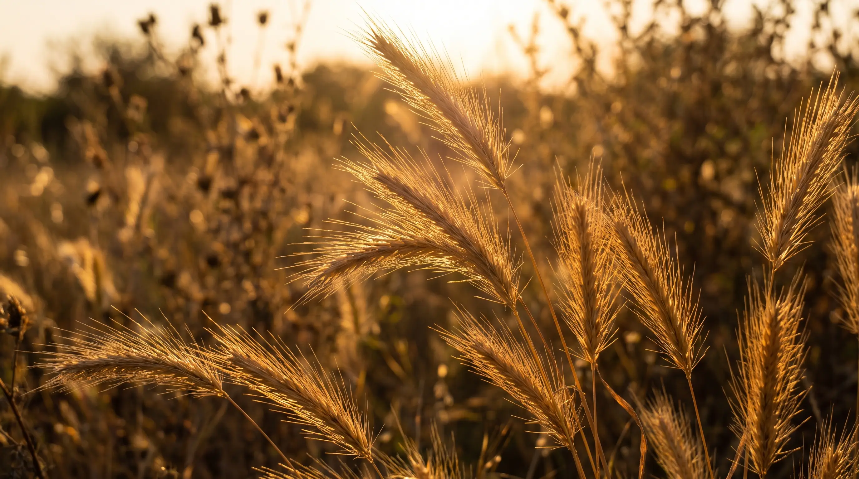 Dried golden foxtail grass seed heads backlit in a summer field, barbed arrow-shaped tips in sharp focus