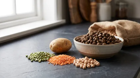 Dried peas, red lentils, chickpeas and a potato beside a bowl of grain-free kibble on a dark slate surface